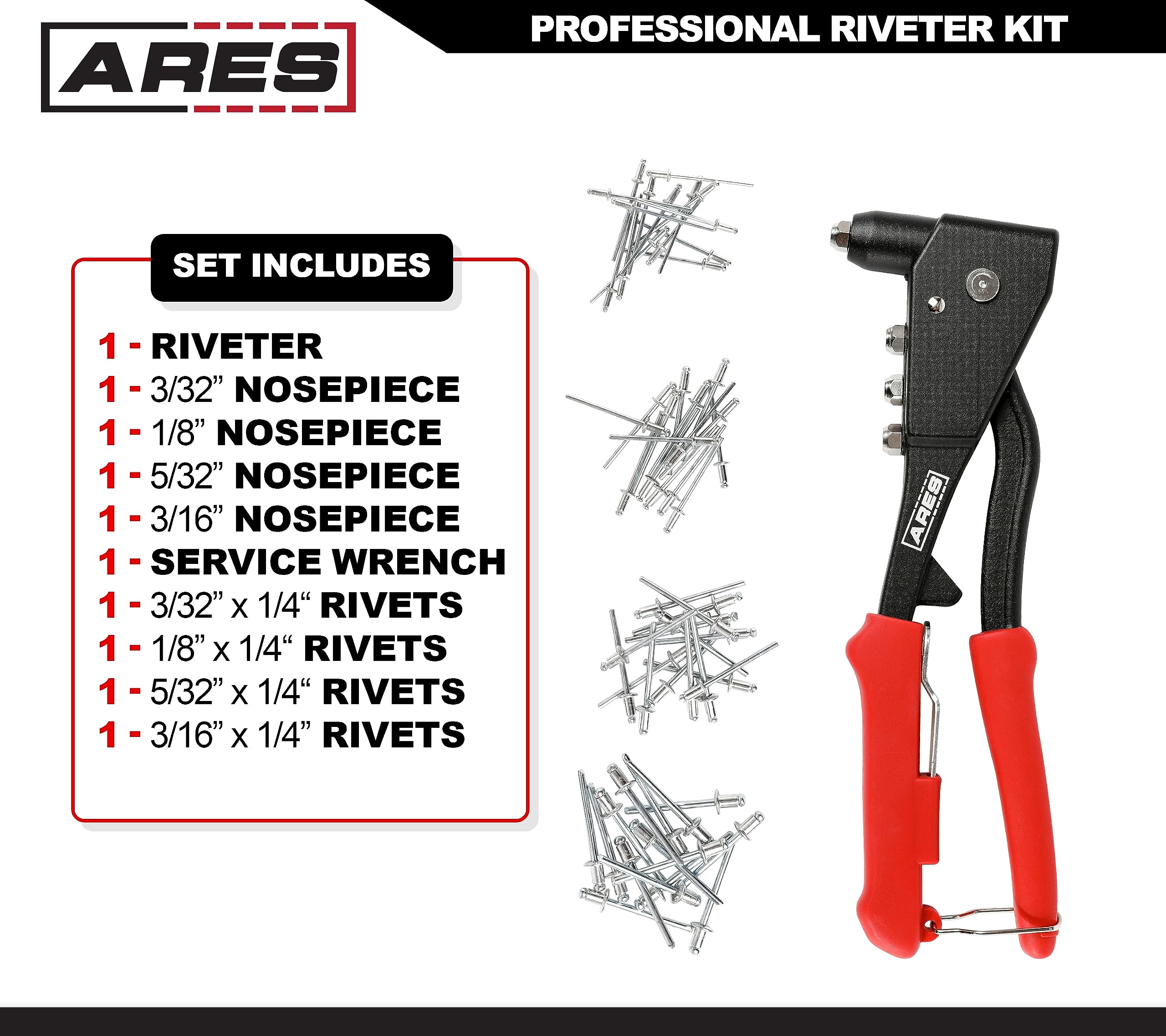 Ares 70017 - Professional Pop Rivet Gun With 60 Rivets - Rivet Sizes 3/32-Inch, 1/8-Inch, 5/32-Inch, & 3/16-Inch - Applications
