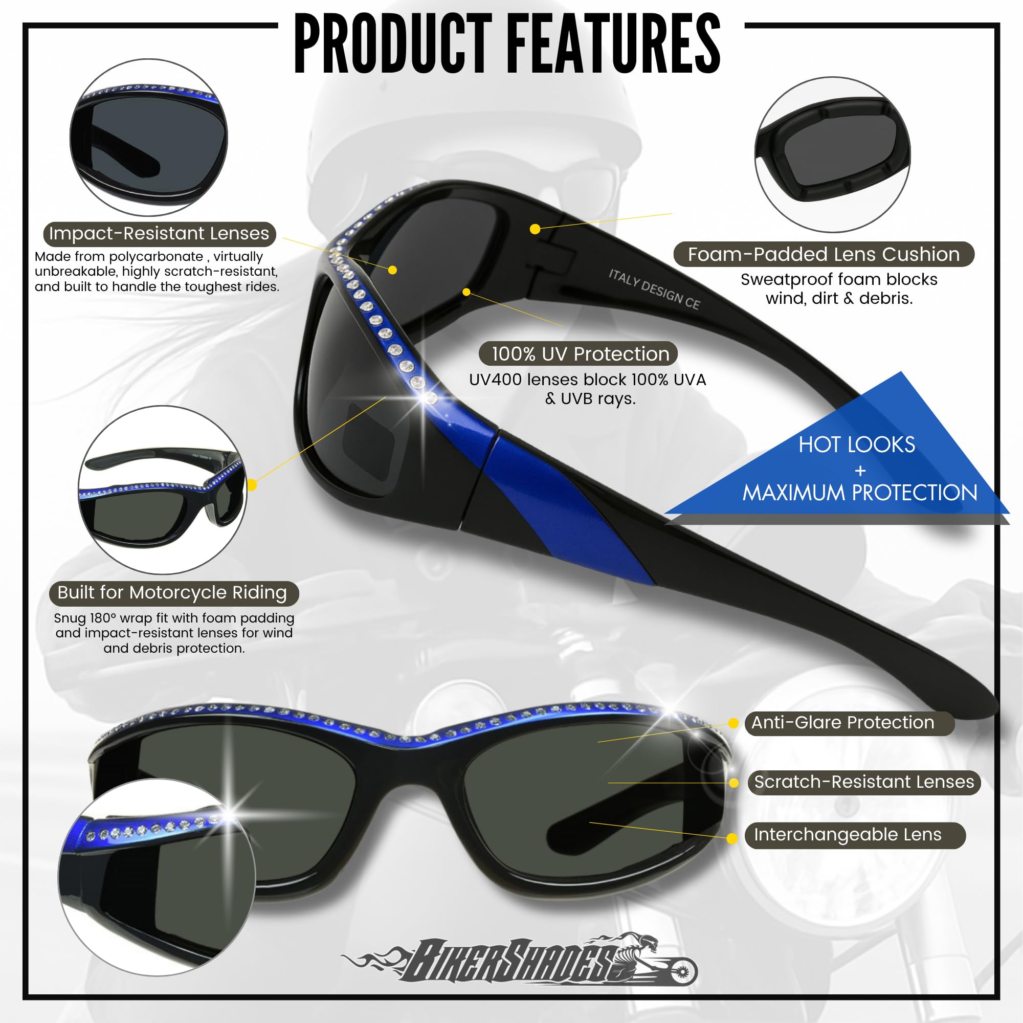 Bikershades Rhinestone Motorcycle Sunglasses Foam Padded For Women. (Smoke Pink + Yellow Pink Combo)