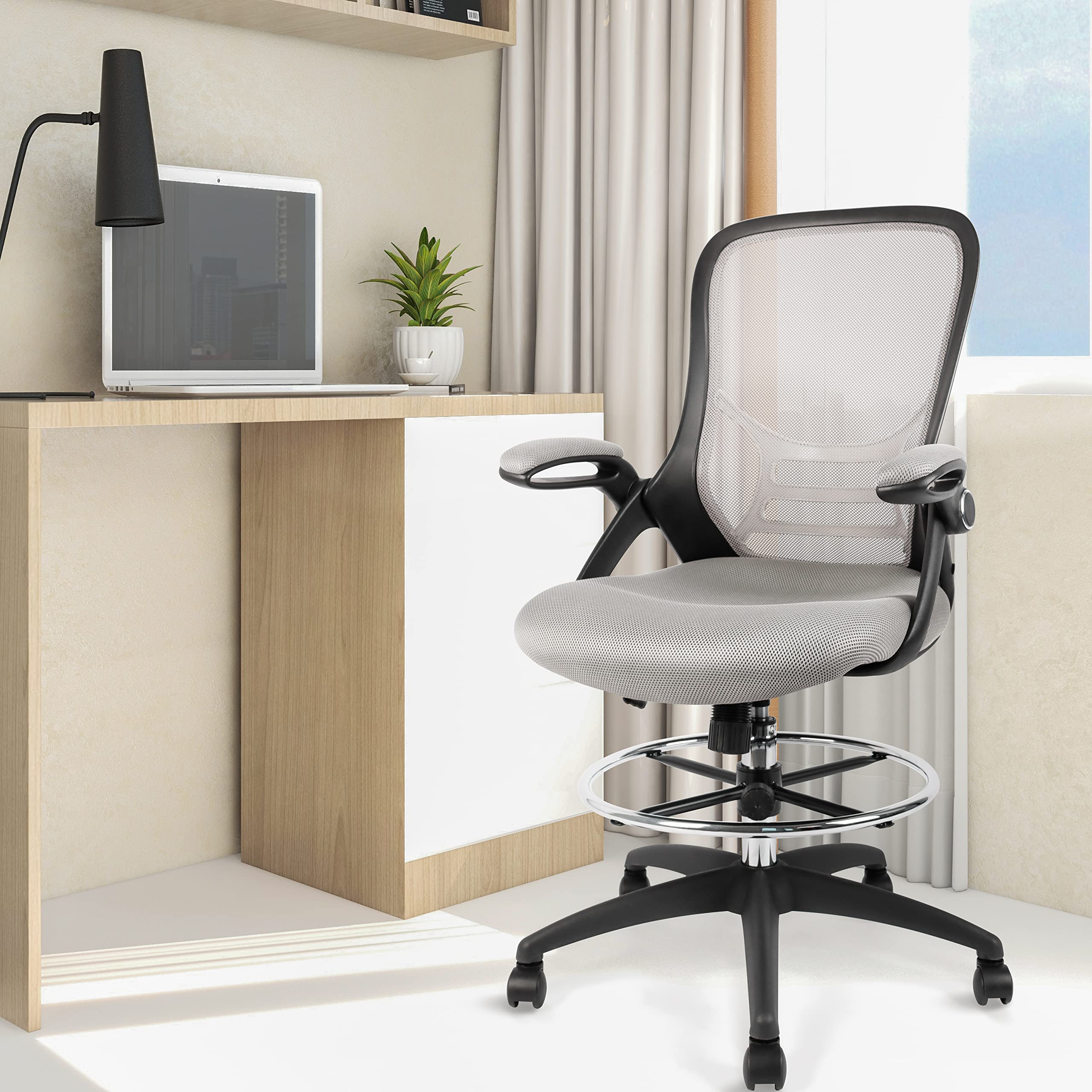 HYLONE High-Back Drafting Chair, Grey Mesh Office Stool with Flip-Up Arms, Adjustable Foot Ring, Tall Design for Standing Desks, 51.4 Height