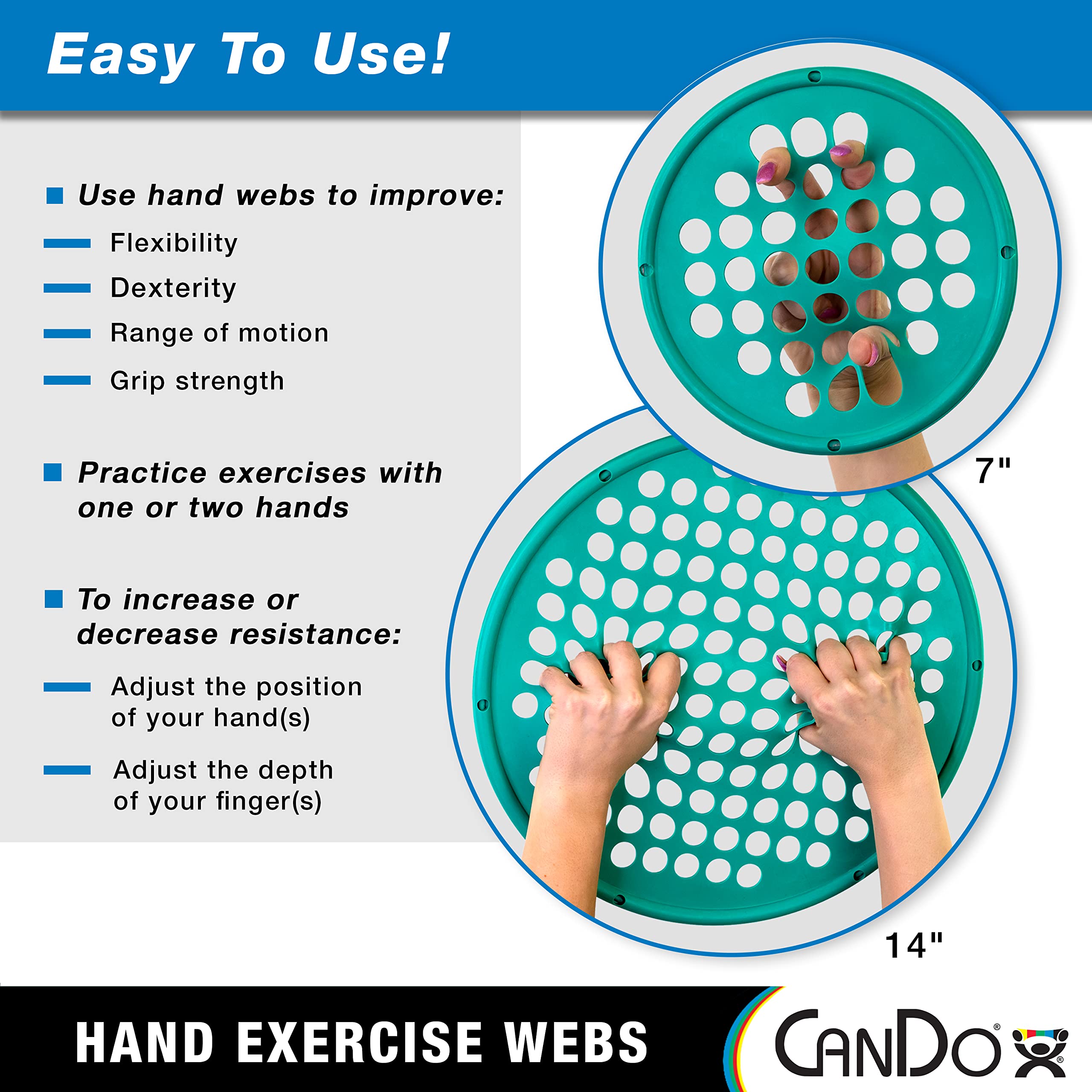 Cando Hand Exercise Webs For Physical Therapy, Grip Strengthening, And Hand, Finger, Wrist Resistance Workouts, Portable Size, L