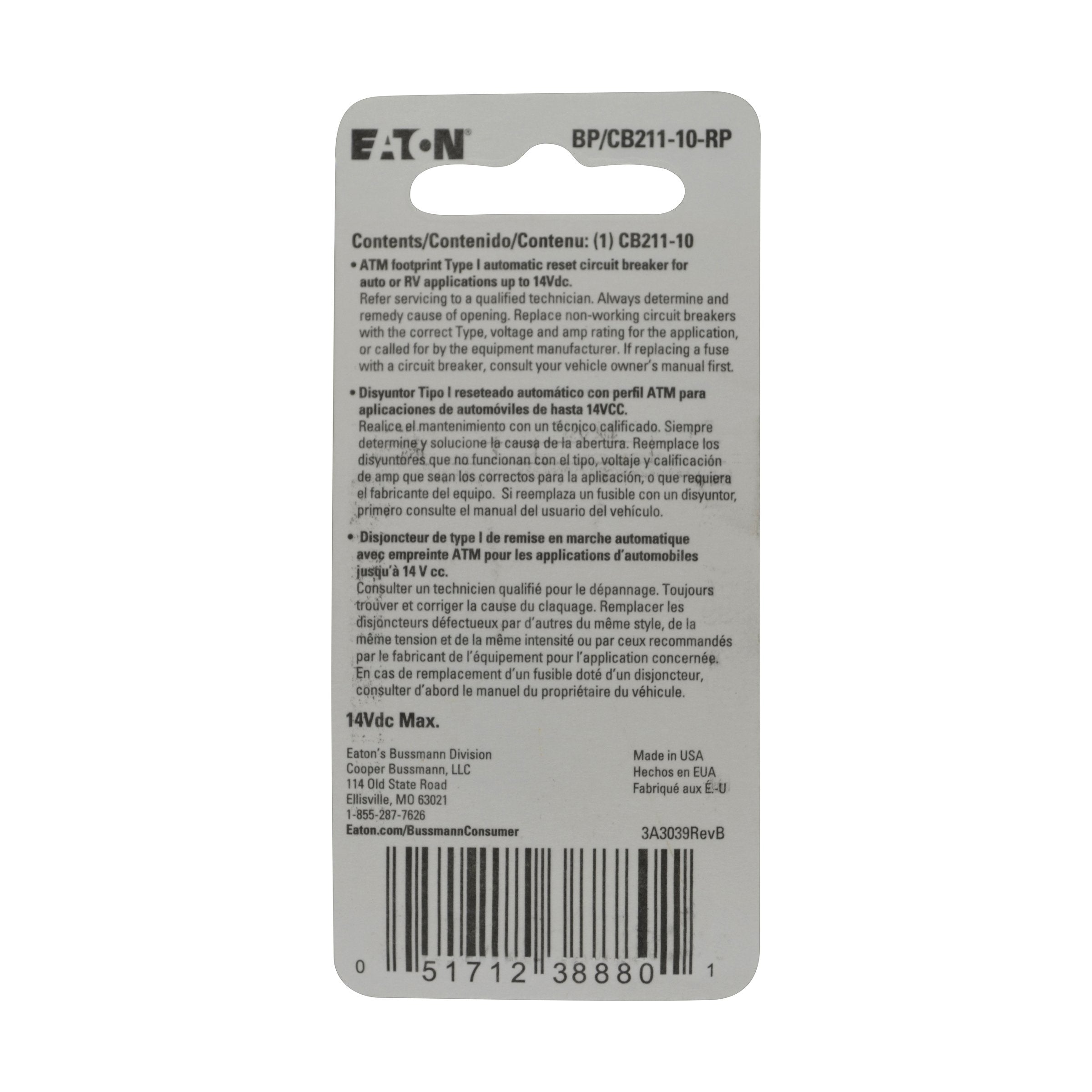 Bussmann (Bp/Cb211-10-Rp) 10 Amp Type-I Atm Mini Circuit Breaker