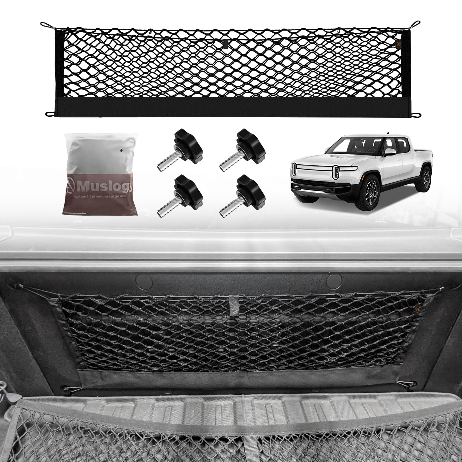Muslogy Truck Bed Cargo Net Compatible With Rivian R1T 2022-2024 2025 Accessories Storage Organizer Pickup Truck Bed Envelope St