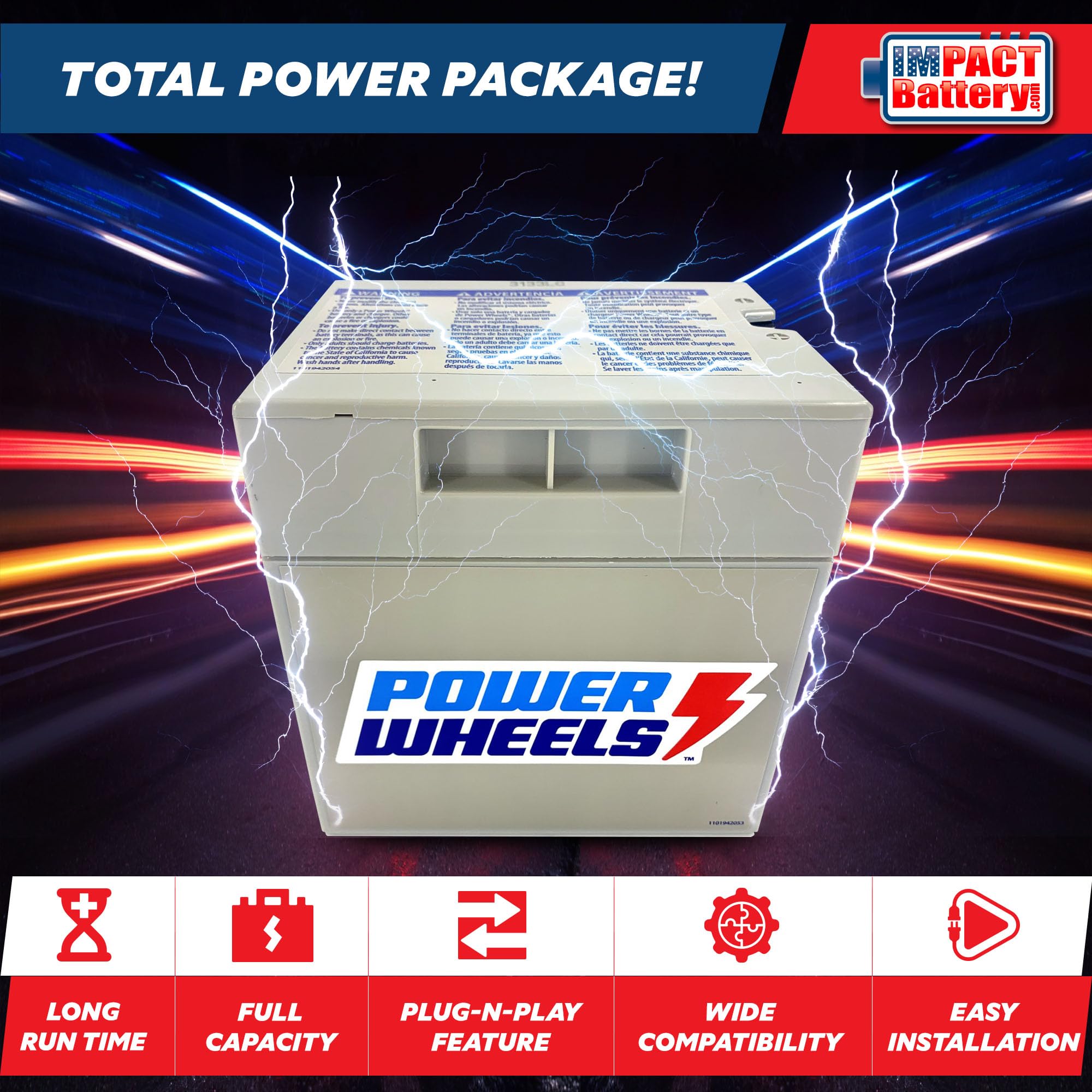 Impact Battery - 12-Volt Battery | Fits 12V Power Wheels Battery | Replacement Part 1001175653 00801-0638 00801-1869 | All Gray