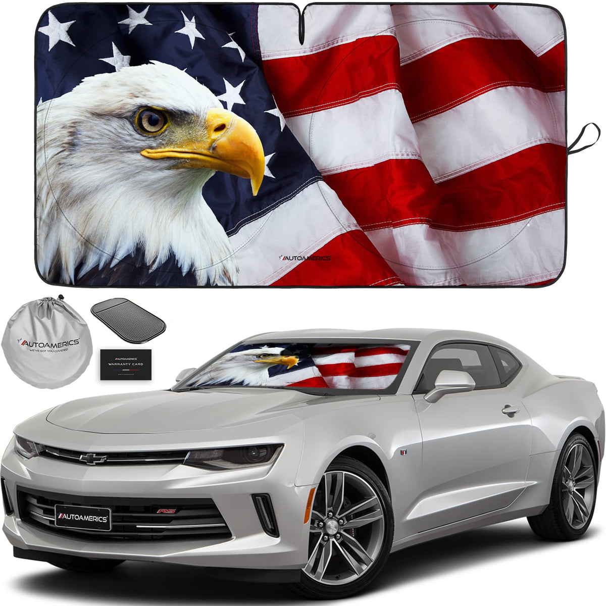 Autoamerics 1-Piece Windshield Sun Shade American Eagle Flag - 3 Usa Patriotic Design - Foldable Car Front Window Sunshade For S