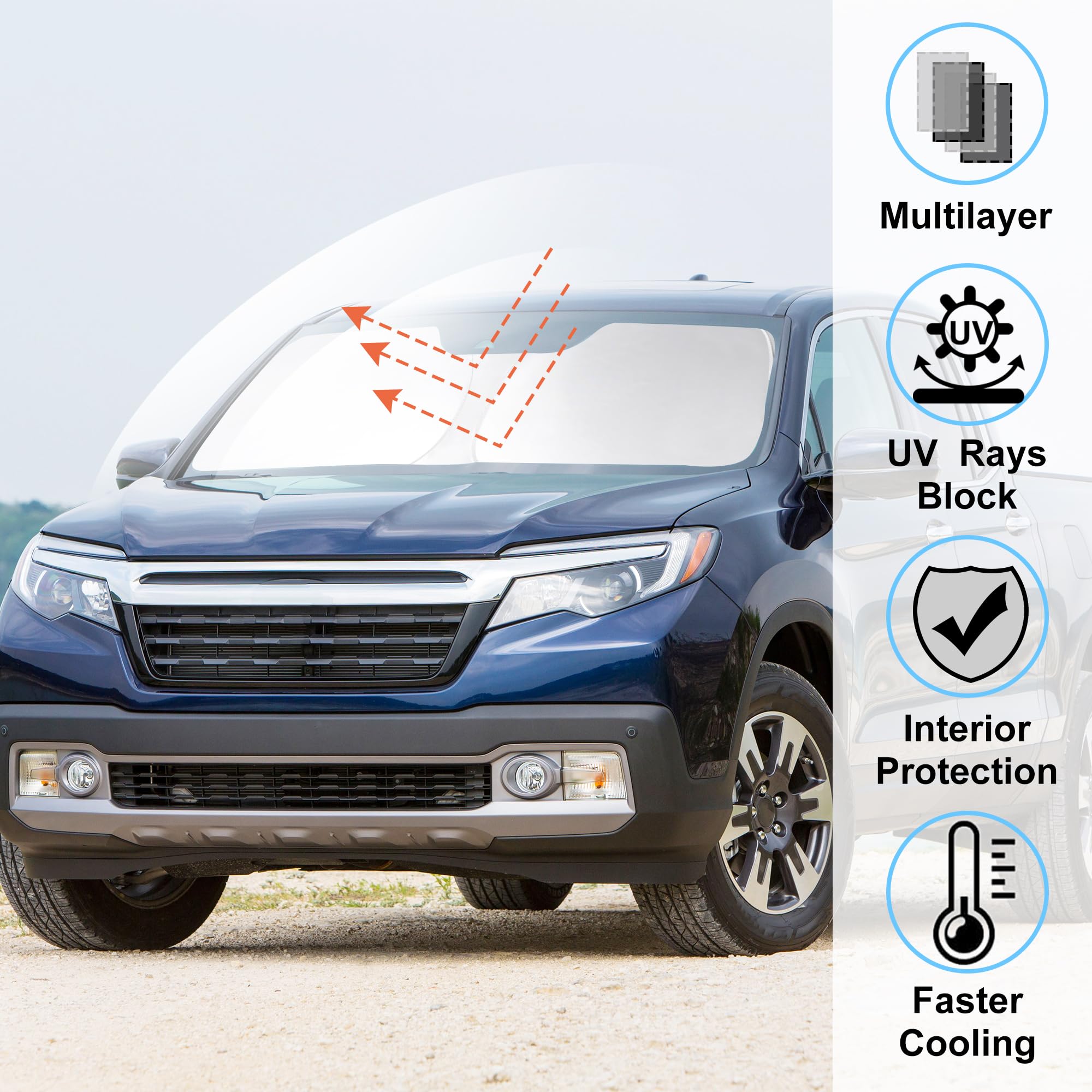 Windshield Sun Shade Custom Fit For 2017-2024 2025 Honda Ridgeline Crew Cab Accessories Foldable Sunshade Sun Blocker Protect Ca