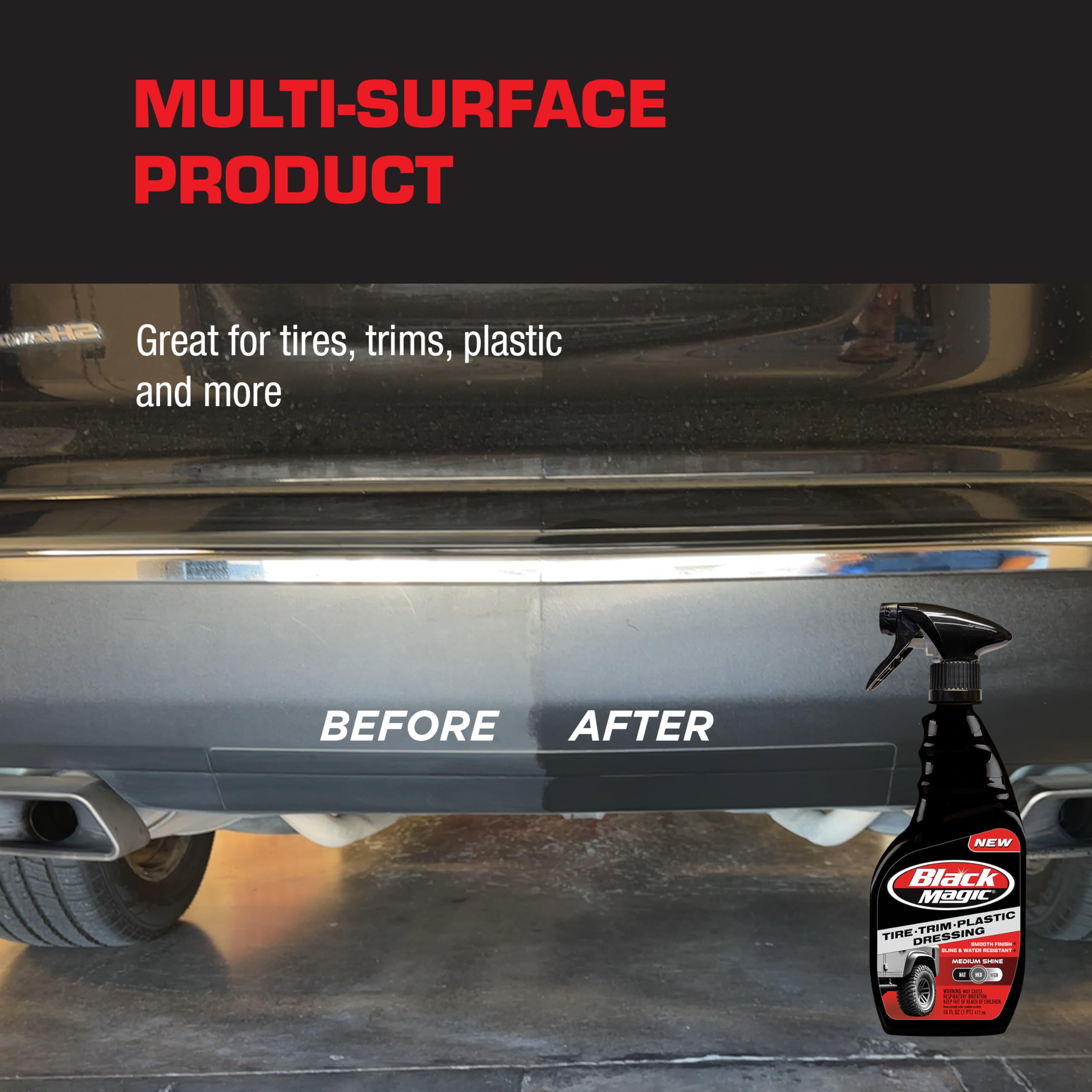 Black Magic 120230 Tire Trim Plastic Dressing, Medium Shine, Streak-Free, Water Resistant & Non-Greasy Formula For Tires, Trim &