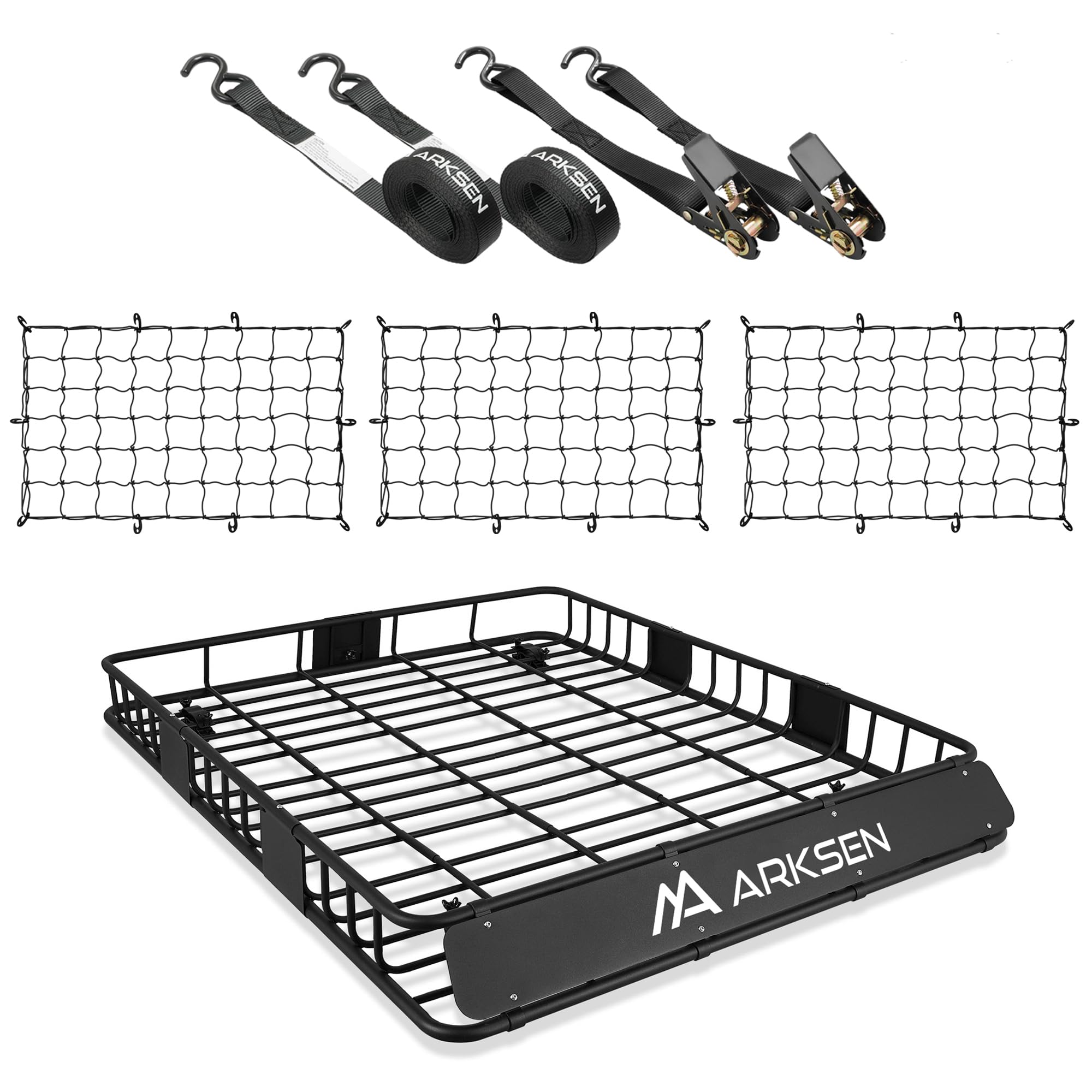 Arksen 84 X 50 X 6 Inch Universal Extra Wide 250Lb Heavy Duty Roof Rack Cargo With 3 Nylon Cargo Nets, 2 Ratchet Straps, Car Top