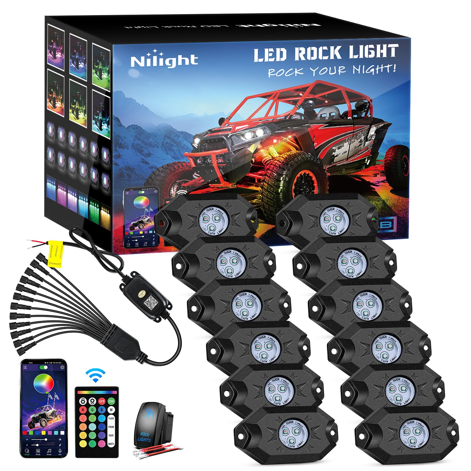 Nilight Rgb Led Rock Lights Kit 12 Pods Underglow Multicolor Neon Light Pod With Remote & Bluetooth App Control Diy Flashing Mus