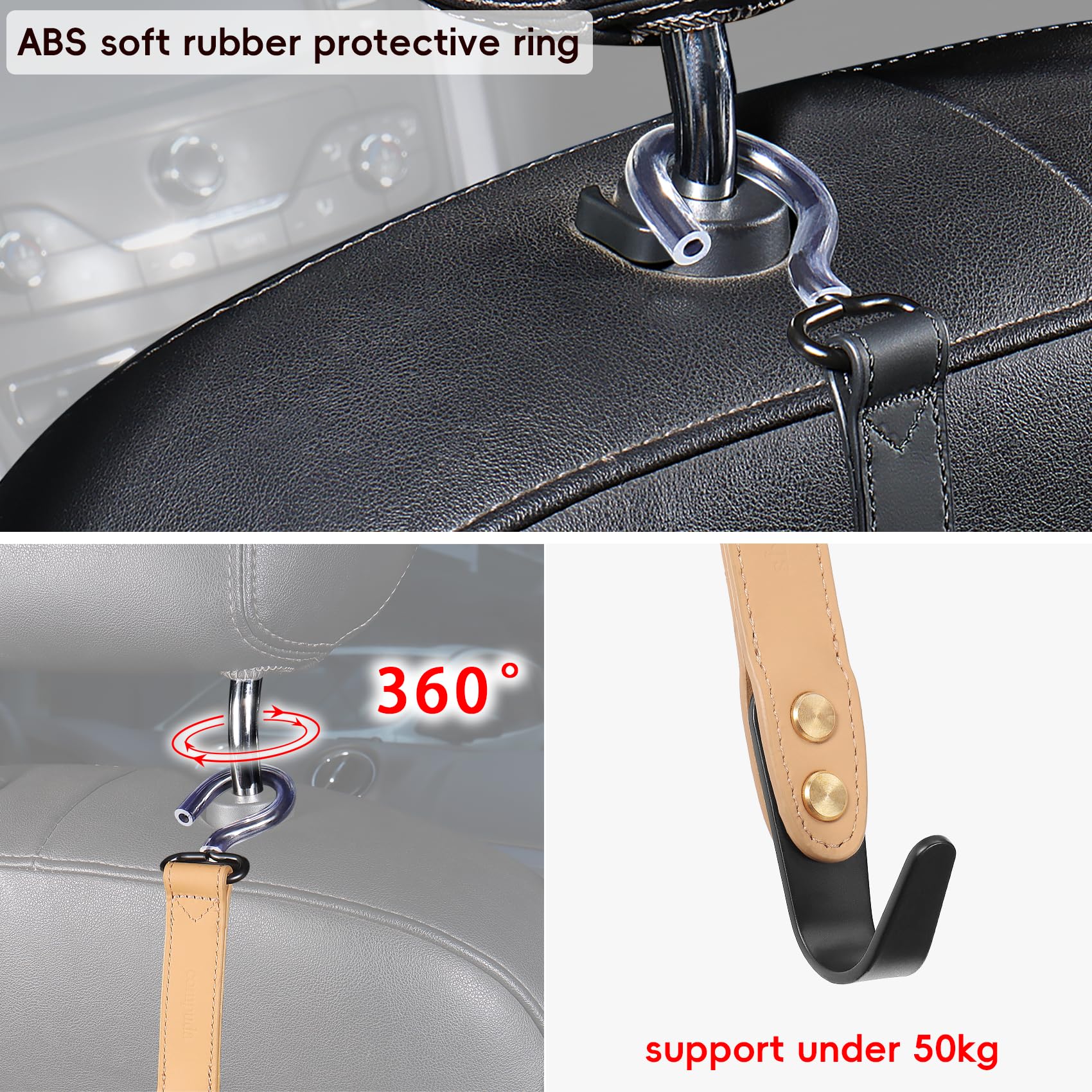 Compuda 2-Pack Car Hook Holder - Leather Headrest Hooks For Purses & Bags, Sus304 (Light Brown)