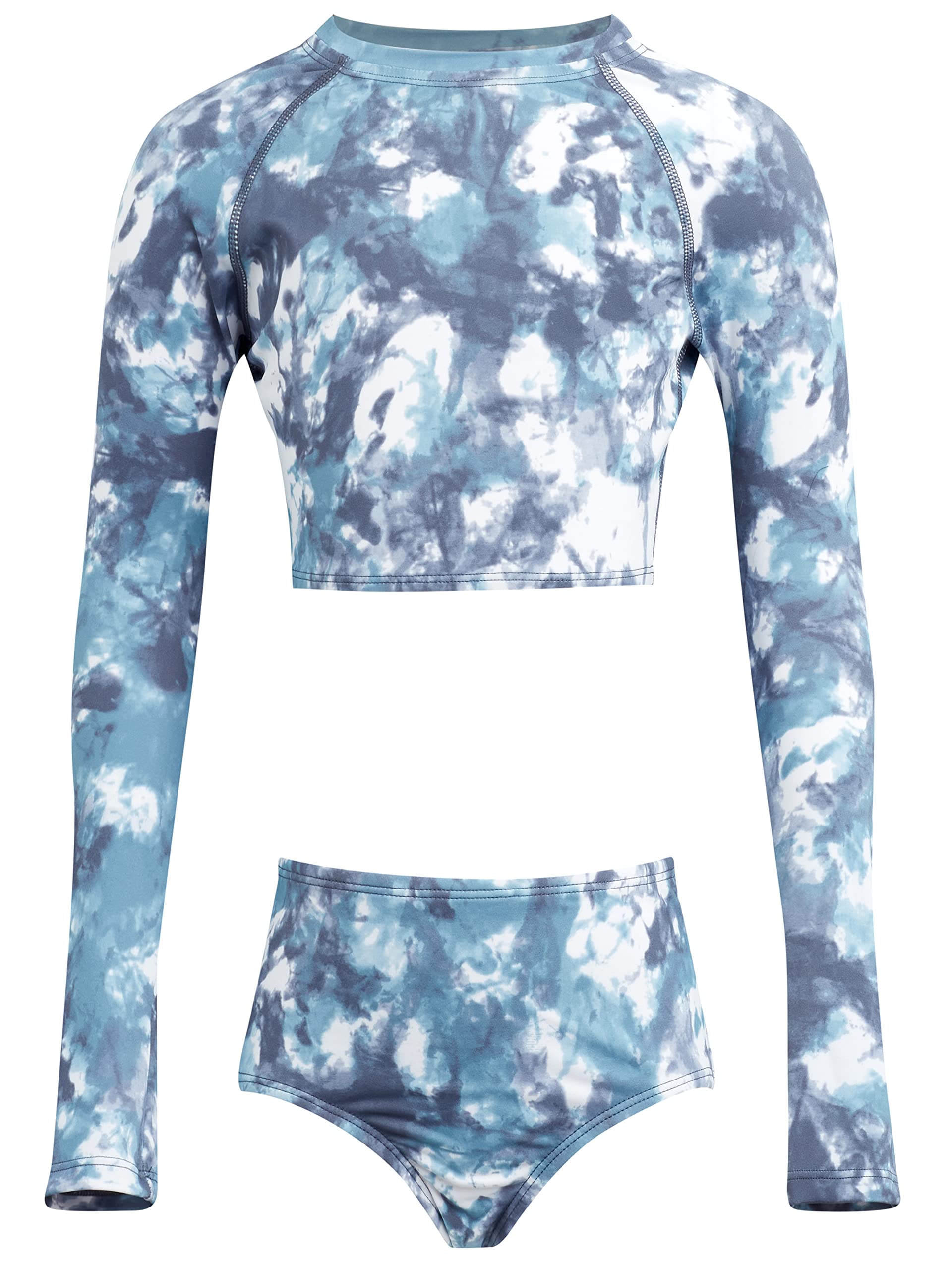 Kanu Surf Girls Long Sleeve Rashguard Upf 50 Two Piece Swim Set, Seafoam Crop Denim Blue, 10