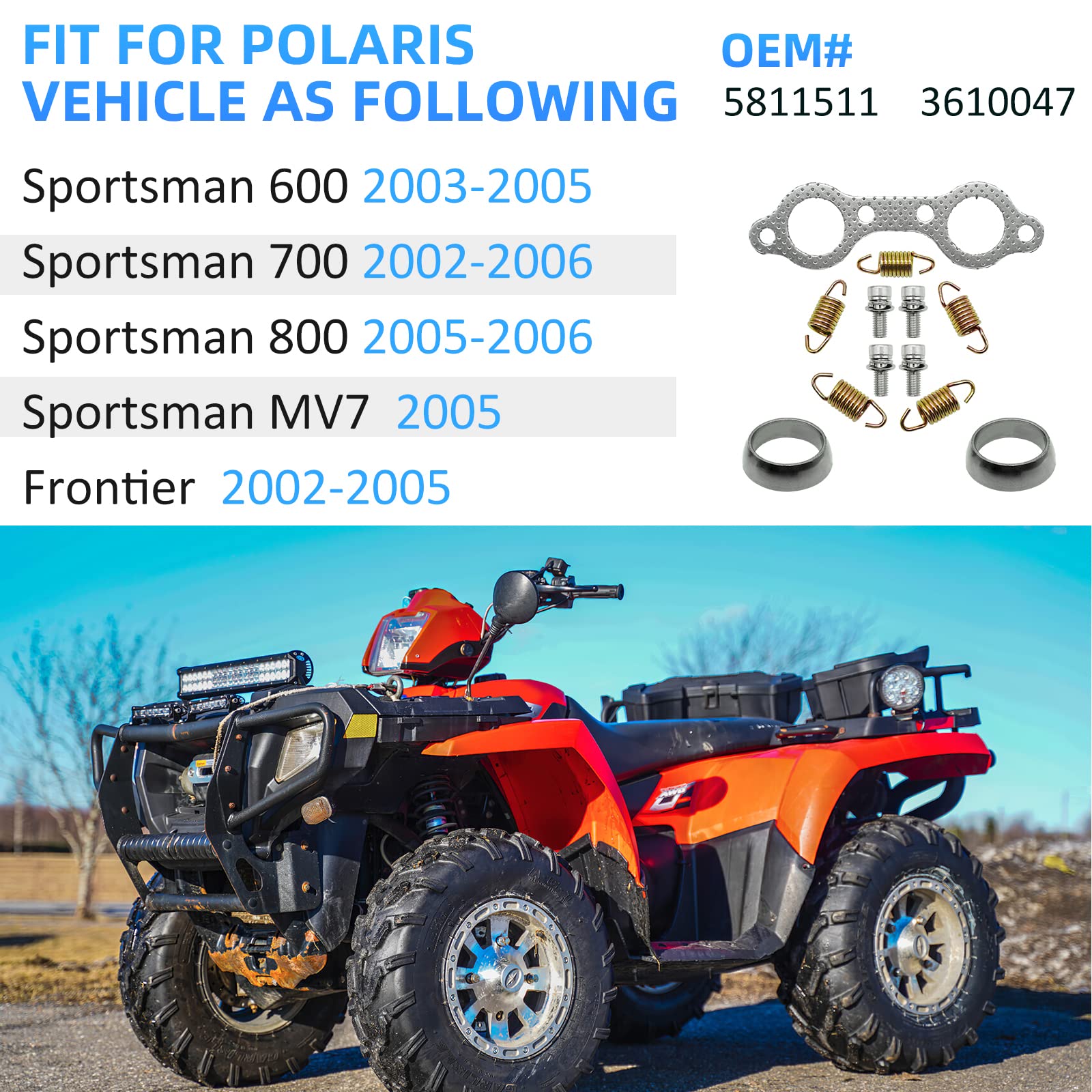 Exhaust Muffler Gasket Seal Spring Rebuild Kit for Polaris Sportsman 600 700 800 MV7 2002-2006 Frontier 2002-2005, OEM# 5811511