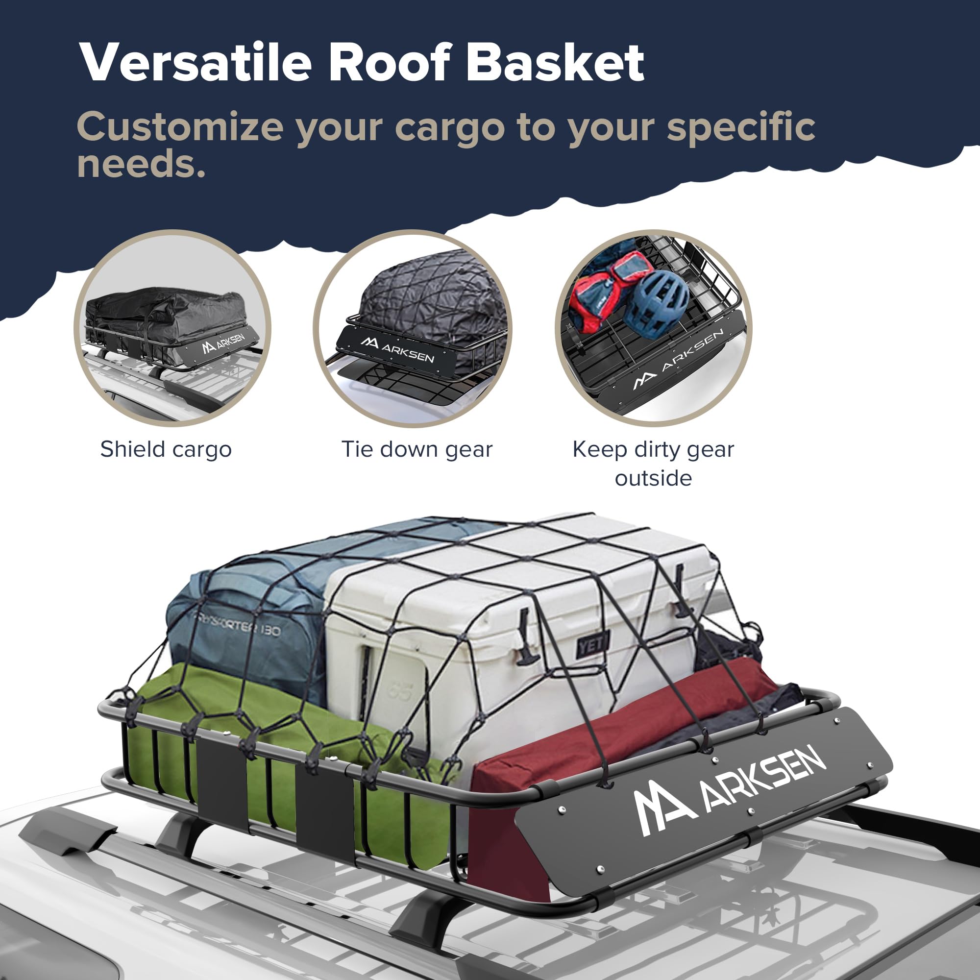 Arksen 43 X 39 X 6 Inch Universal 250Lb Heavy Duty Roof Rack Cargo With 500D Waterproof Cargo Bag, Cargo Net & Ratchet Straps, C