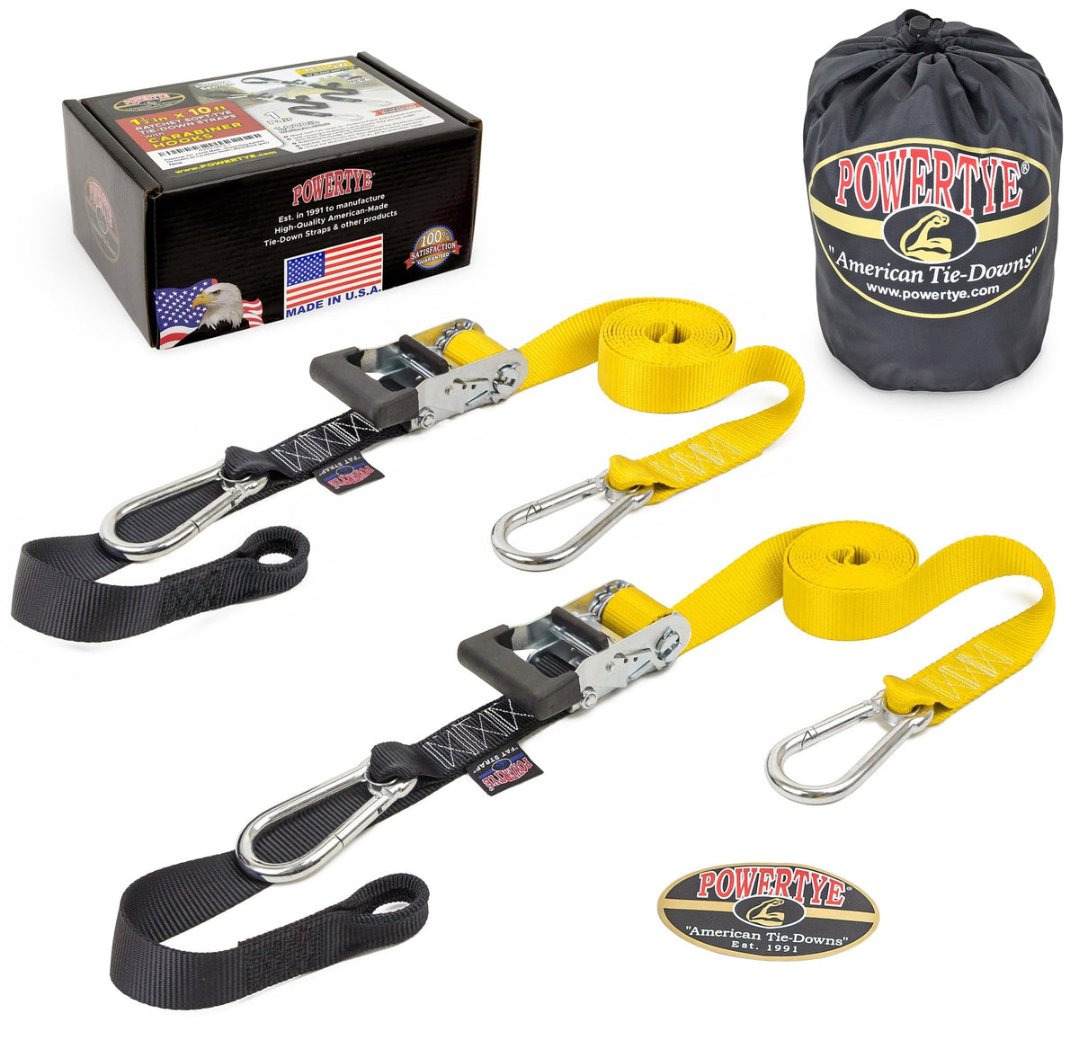 Powertye 1.5In X 10Ft Extra-Long Heavy Duty Ratchet Tie-Down Straps With Soft-Tye, Carabiner Hooks - 1,000 Lb W.L.L. / 3,000 Lb