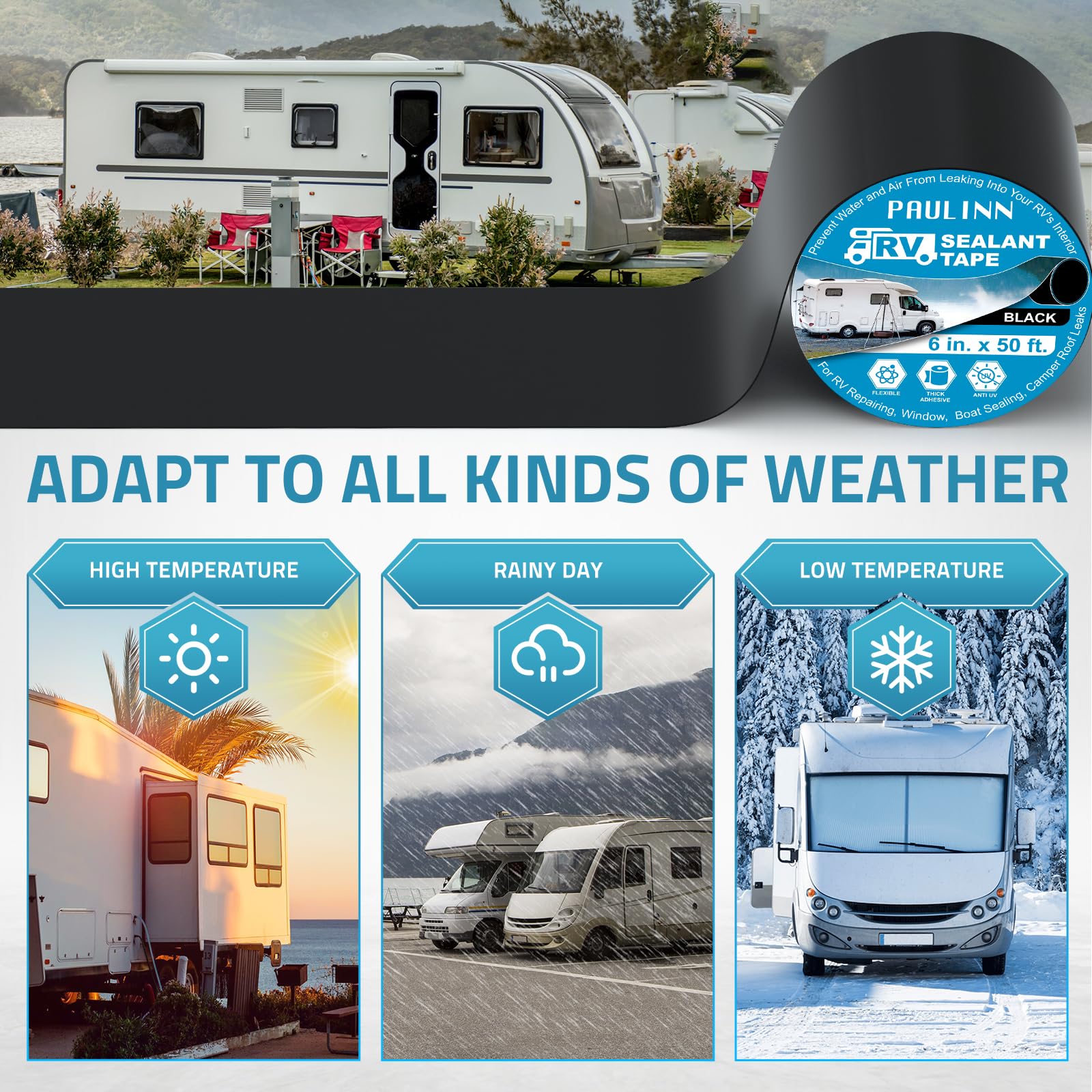 Paulinn Butyl Sealant Waterproof Tape, 6 Inch X 50 Foot Camper Roofing Tape Black, Uv & Weatherproof Roof Seal Tape For Rv Campe