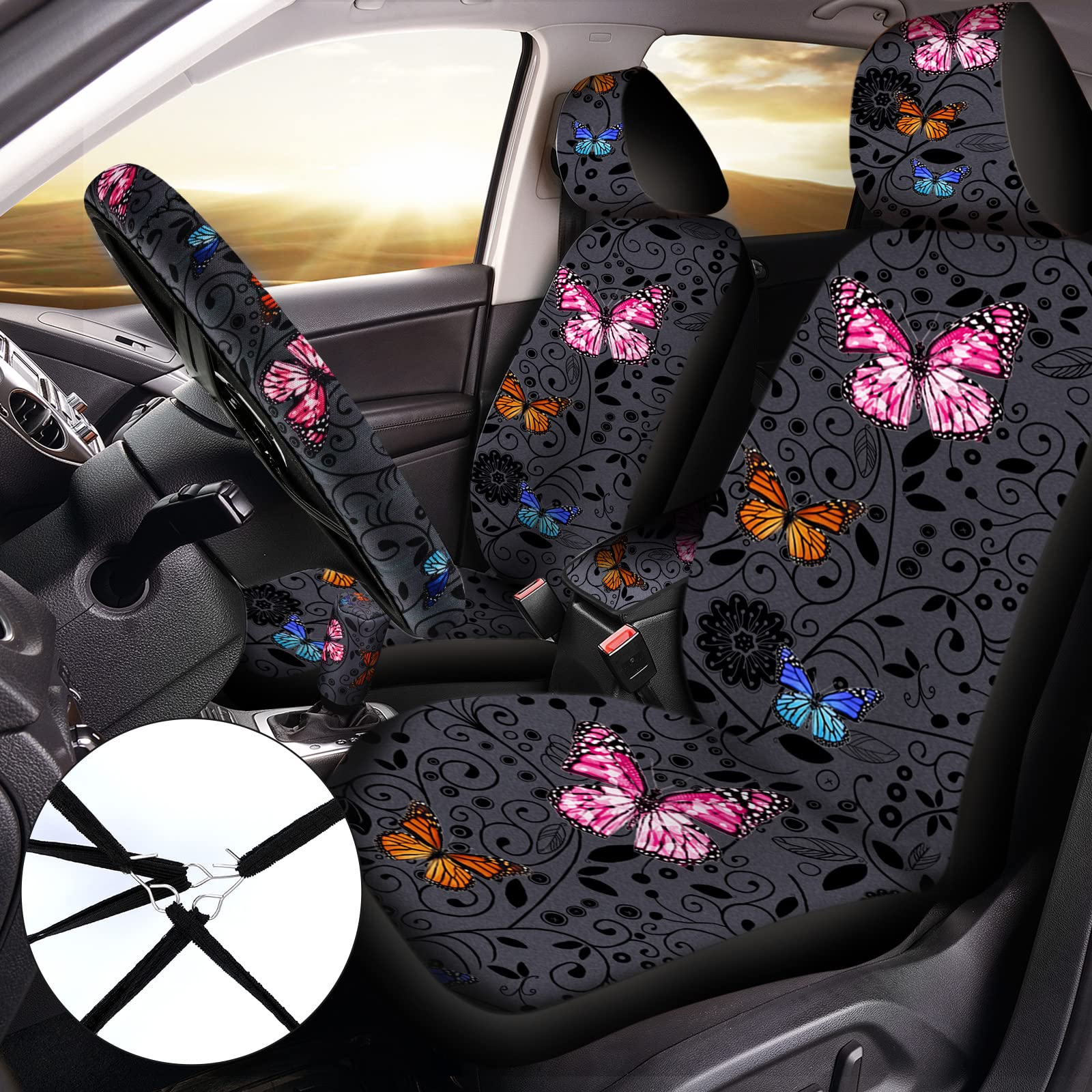 22 Pcs Butterfly Car Seat Covers For Women Butterfly Car Accessories Steering Wheel Cover Cute Butterfly Car Air Vent Clip Car C