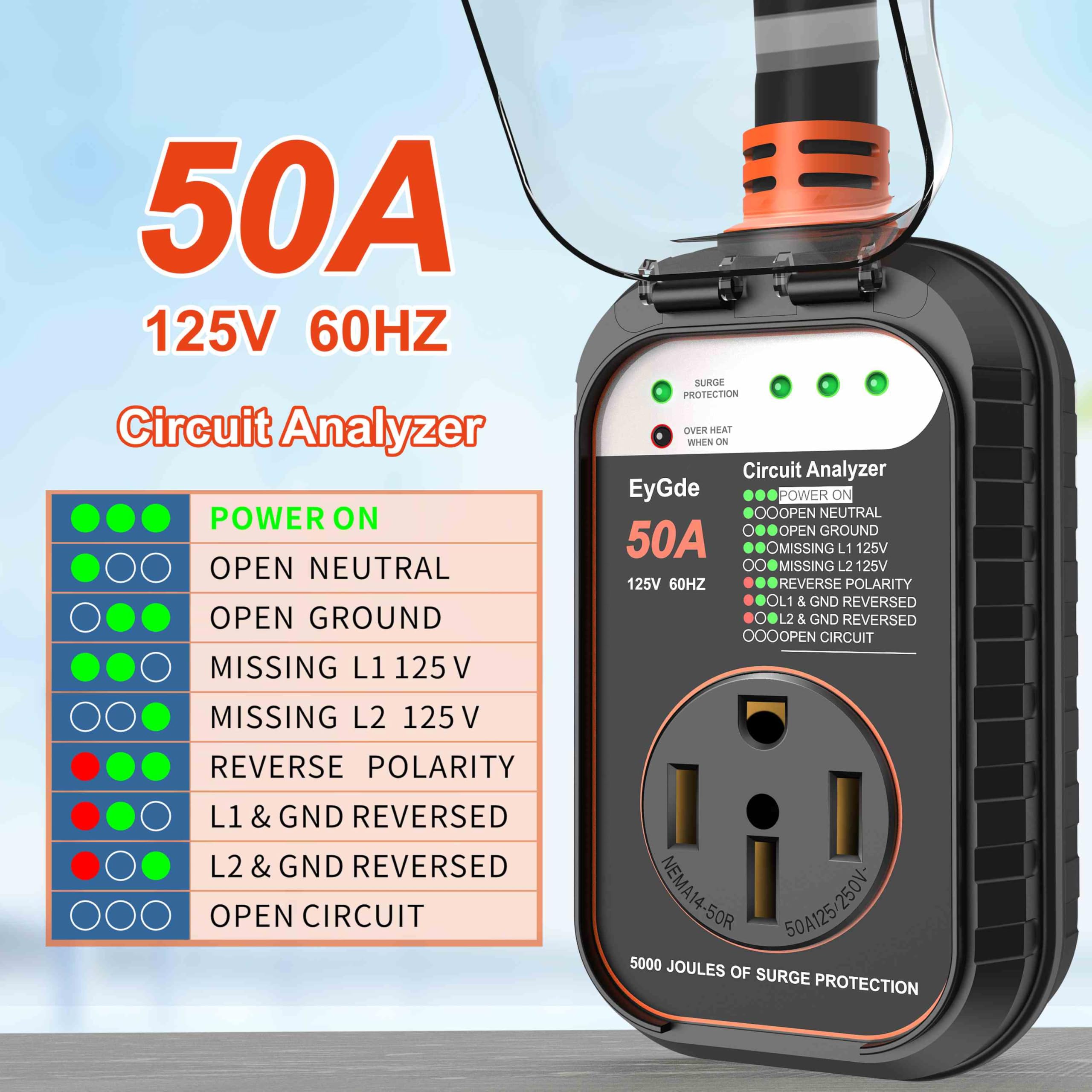 Eygde Rv Surge Protector 50 Amp, Rv Circuit Analyzer With Waterproof Cover, Rv Accessories Power Voltage Protection Guard For Ca