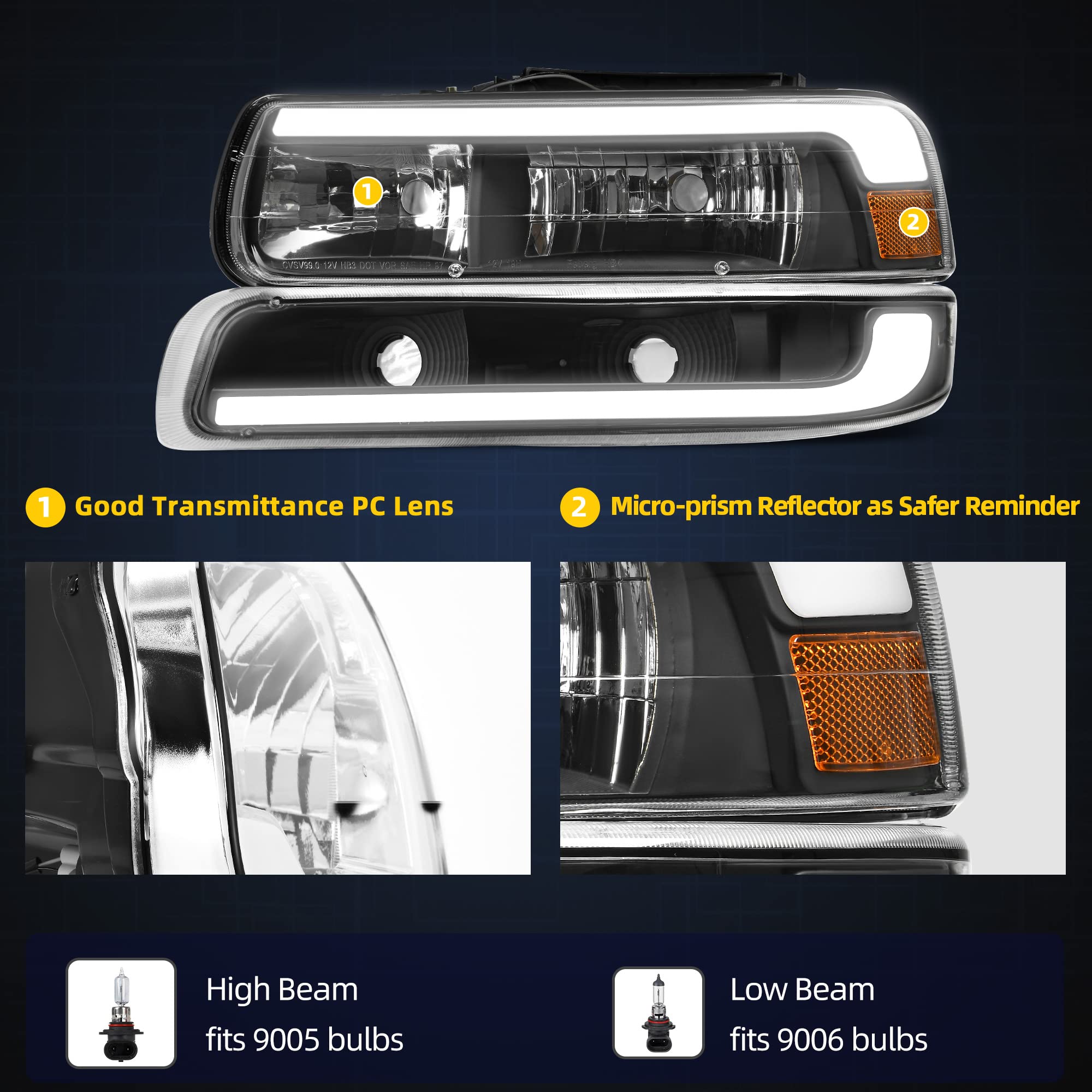 Dwvo Led Drl Headlights Compatible With 1999-2002 Chevy Silverado 1500 2500/2001-2002 Chevy Silverado 1500Hd 2500Hd 3500/2000-20