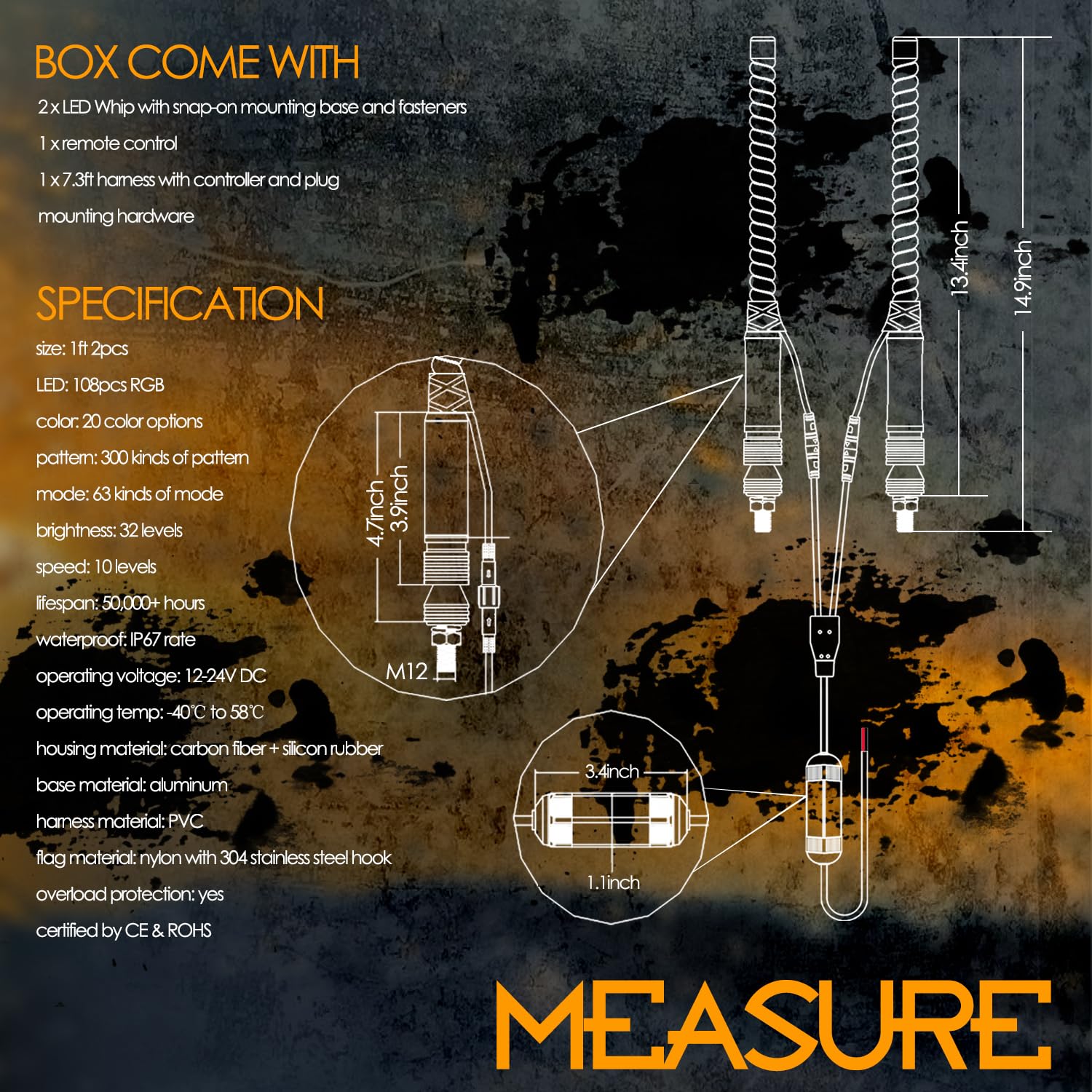 Nirider 2Pcs 1Ft Led Whip Lights With Flag Pole Remote Control Spiral Rgb Chase Light Offroad Warning Lighted Antenna Led Whips