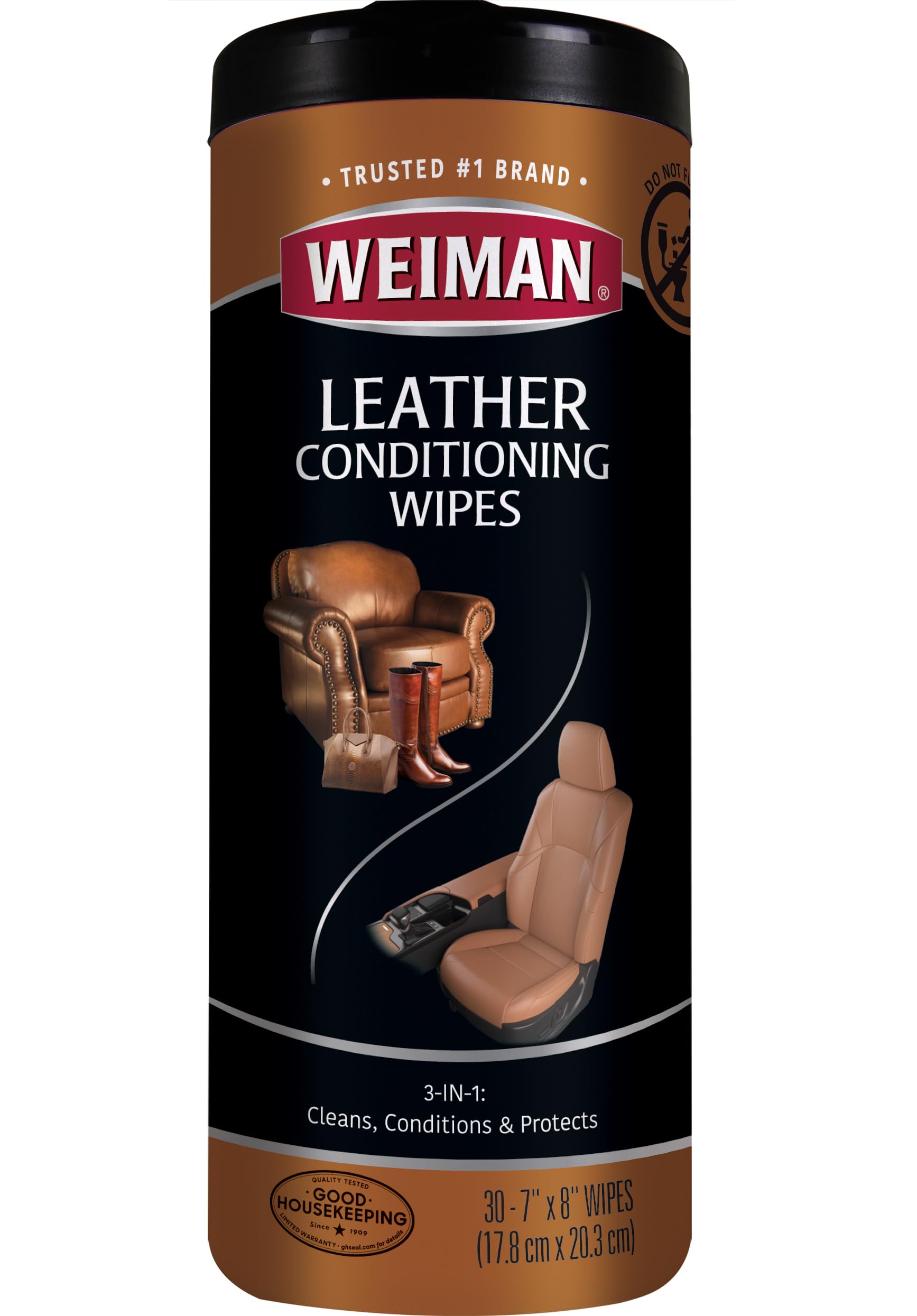 Weiman Leather Cleaner & Conditioner Wipes With Uv Protection, Prevent Cracking Or Fading Of Leather Couches, Car Seats, Shoes, Purses - 30 Ct