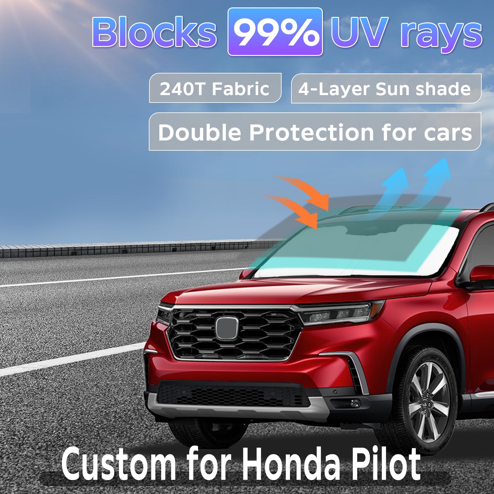 Sun Shade Sunshade For Honda Pilot 2016-2024 2025 Windshield Cover, 2-Layers Sun Shield 240T Silver Sun Visor Foldable Window Sh