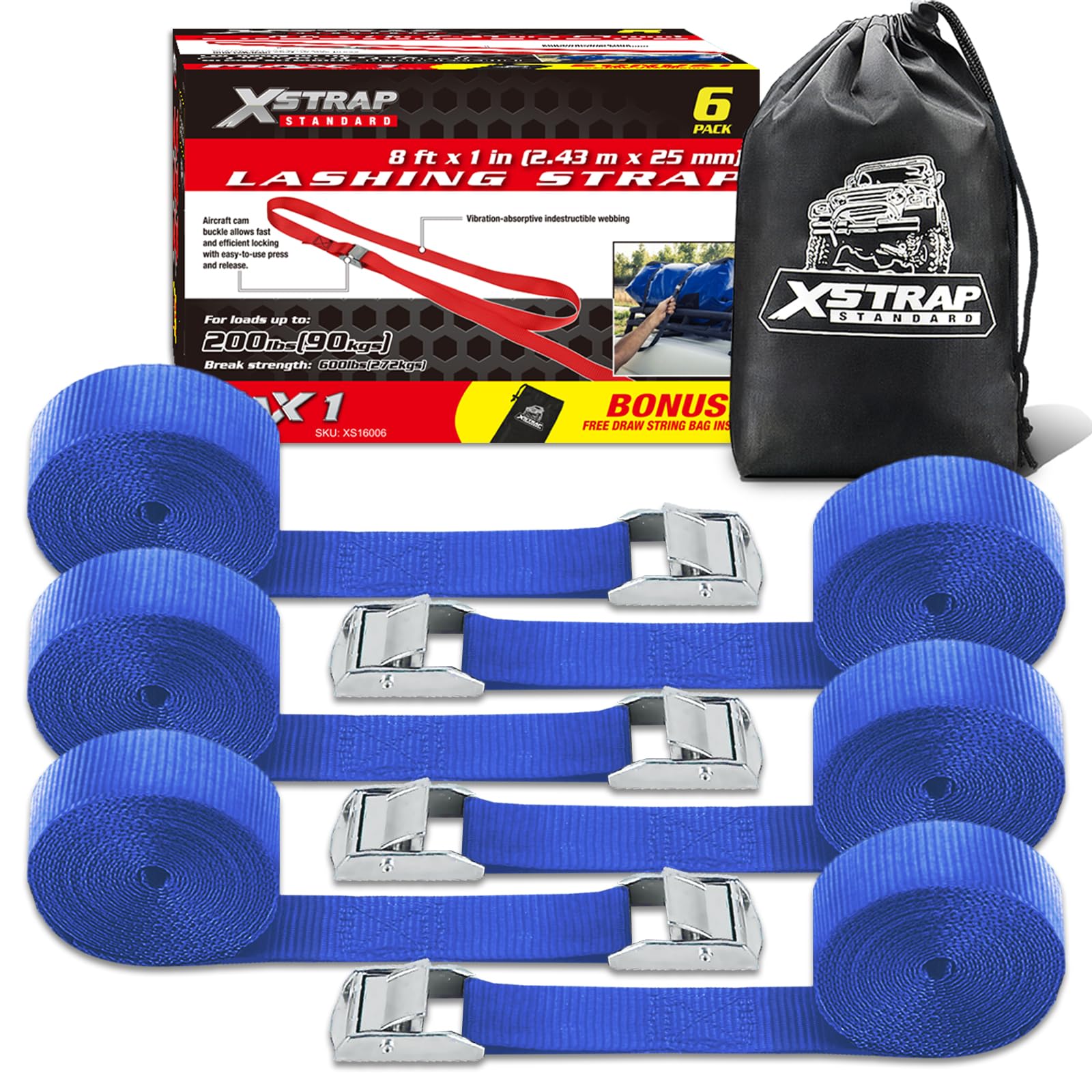 Xstrap Standard Cam Buckle Straps 6Pk 8Ft Powersports Tie-Downs 1-Inch Blue Lashing Straps With Carry Bag, Ideal For Securing Ca