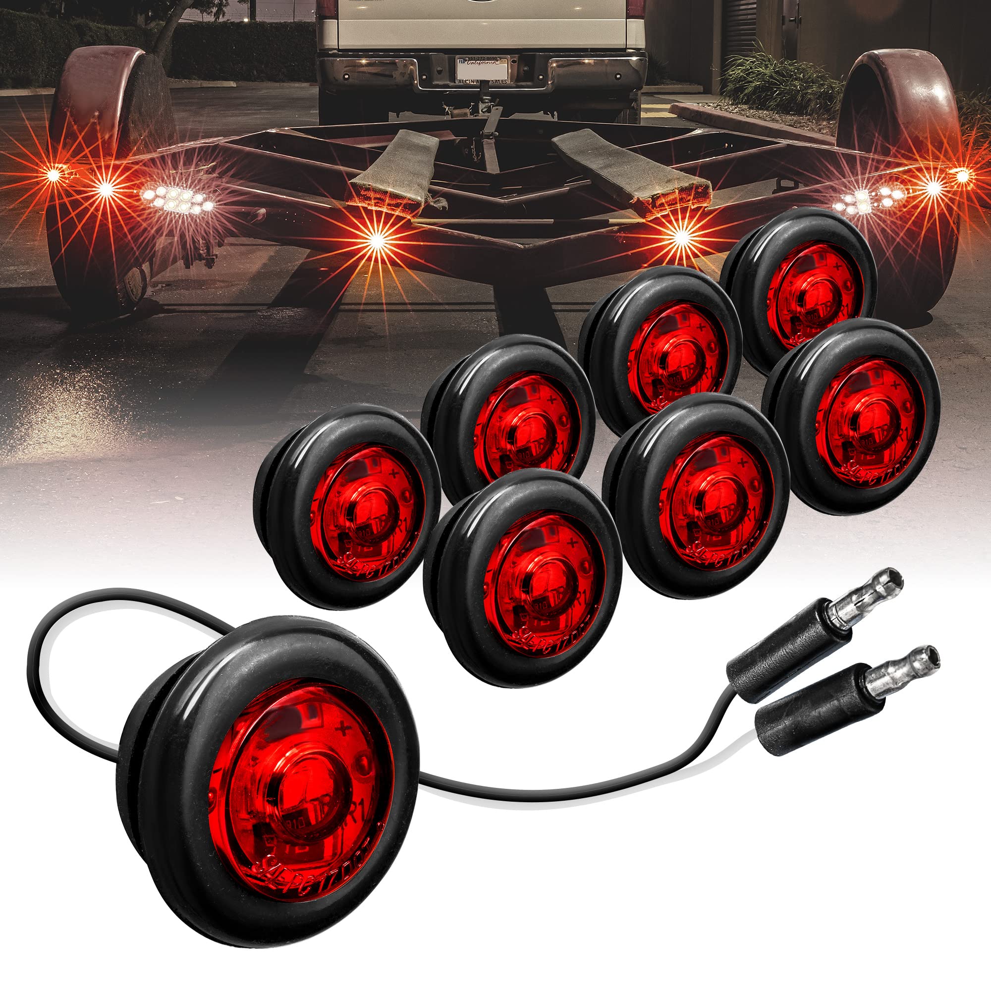 True Mods 8Pc 3/4'' Inch Round Red Trailer 12V Led Marker Light [Dot Fmvss 108] [Sae P2Pc] [Semi-Spherical Output] [Ip67 Waterpr