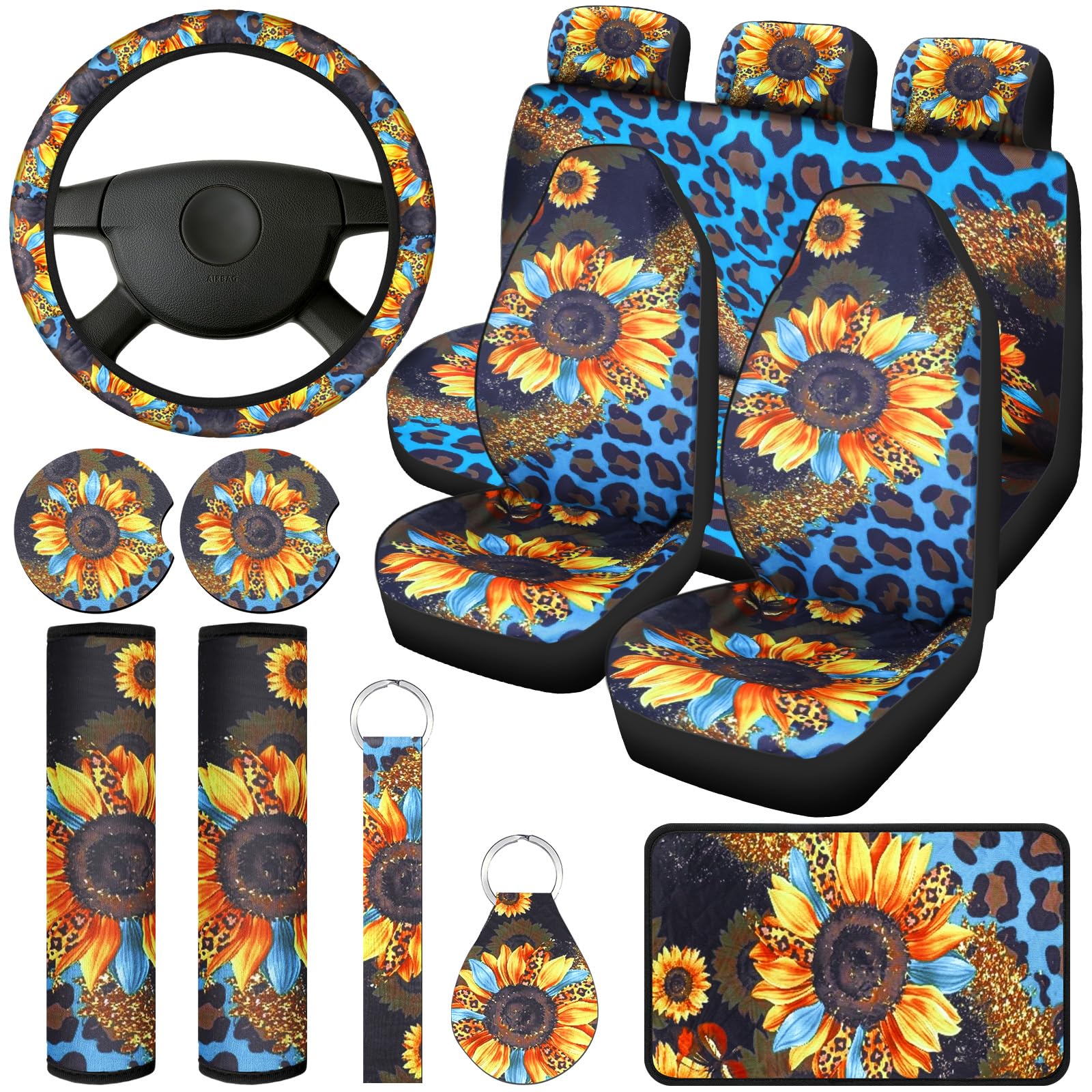Frienda 13 Pcs Leopard Print Car Seat Cover Full Set for Women Men Print Car Accessories Rubber Steering Wheel Armrest Pad Cover