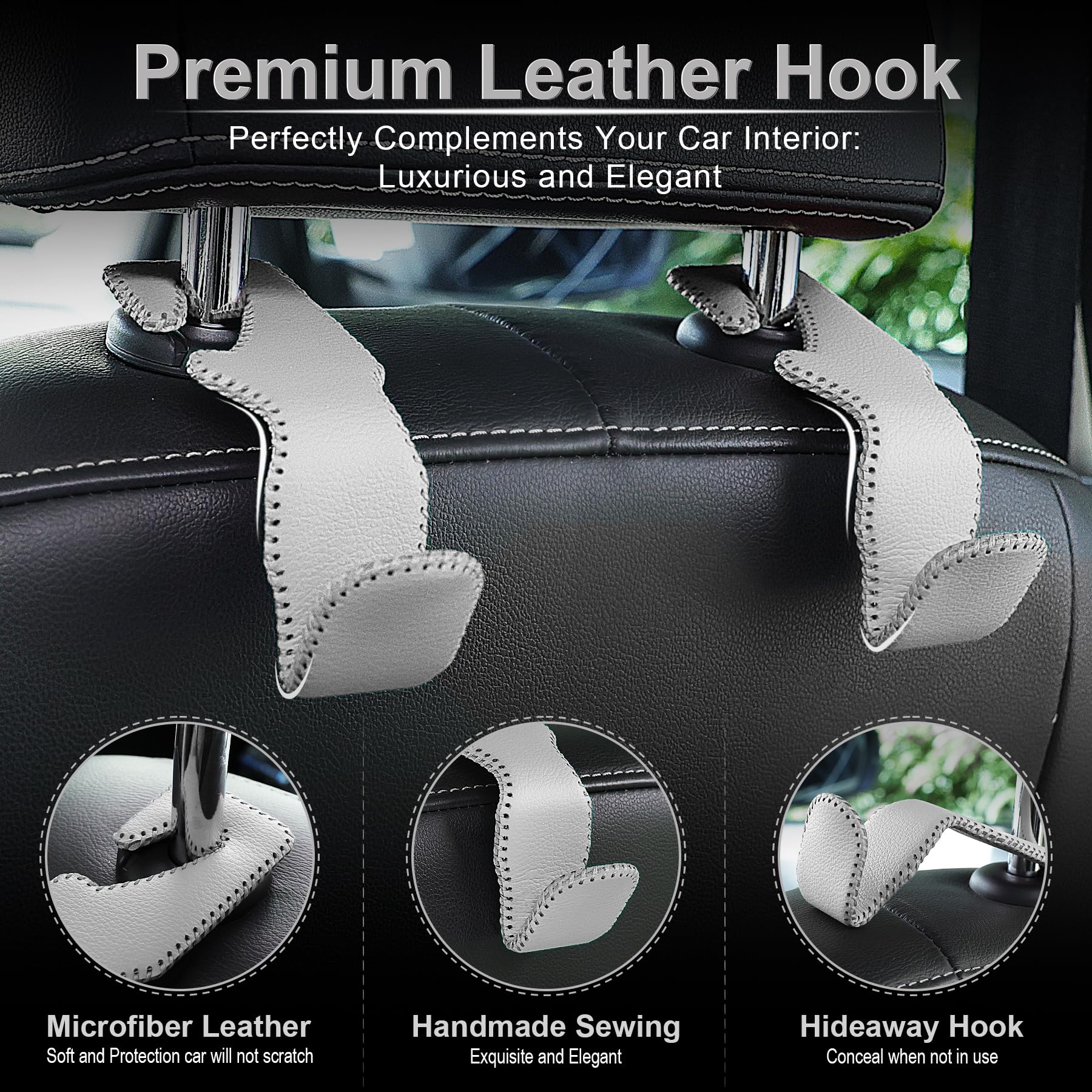 Livtee Gray Superior Leather Car Seat Back Headrest Hook, Auto Seat Hook Hangers Interior Accessories For Purse Coats Umbrellas