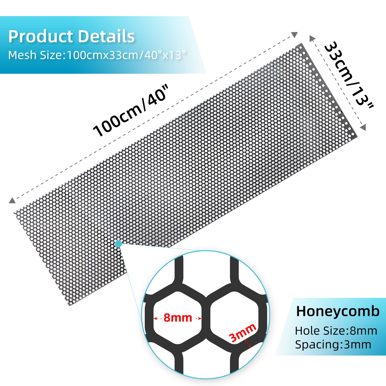 AggAuto Universal 40''x13'' Car Grill Mesh - Aluminum Alloy Automotive Grille Insert Bumper Honeycomb Hole 8mm Spacing 3mm, One