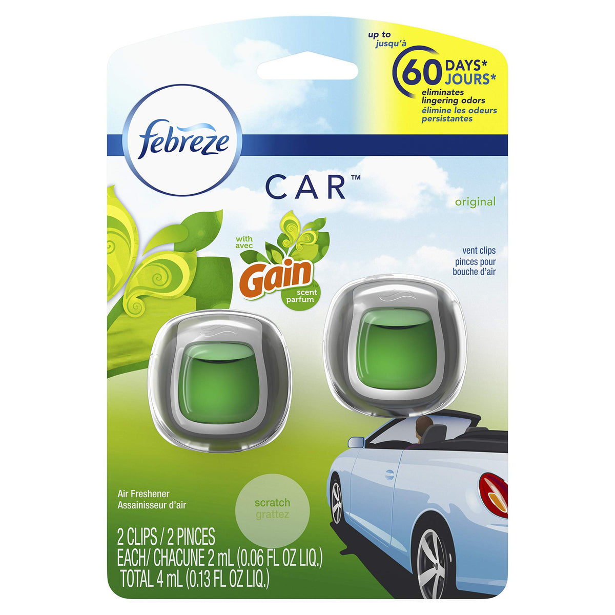 Febreze Car Air Fresheners, Gain Original Scent, Odor Fighter For Strong Odors Car Vent Clips (2 Count)