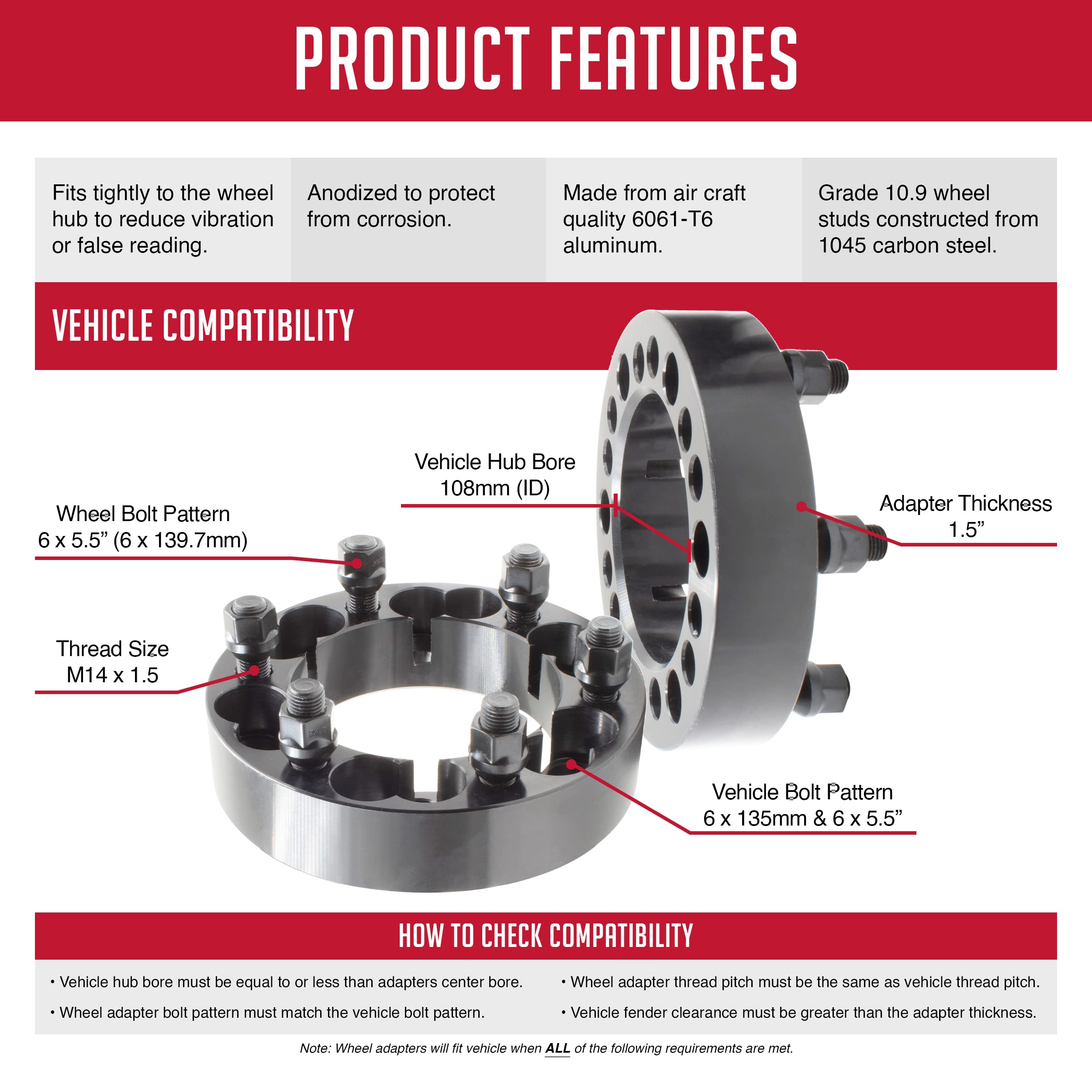 Wheel Accessories Parts 2 Pcs Multi Drill Wheel Spacer 6 On 5.50 And 6 On 135Mm 1.50'' Thick 14Mm 1.50 14X1.50 Thread Stud 108Mm