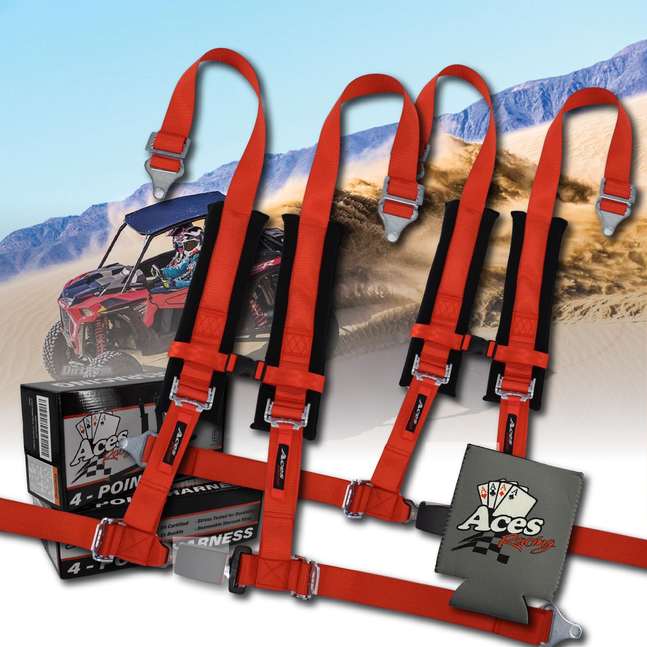 AAAA Aces Racing (Pair) 4 Point Harness with Ez Buckle - RED with with can holder