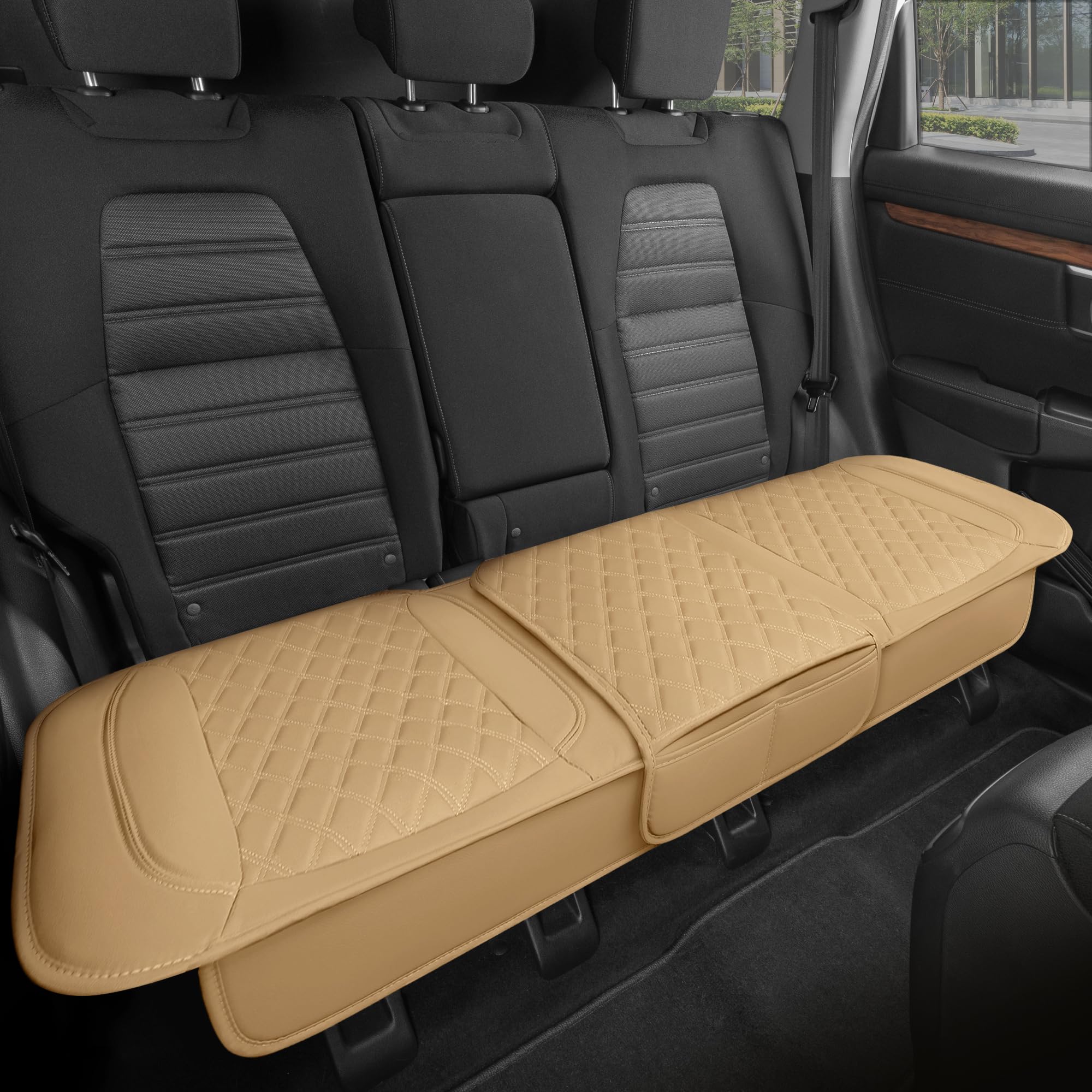 Motor Trend Rear Seat Cushion - Beige Diamond Stitched Faux Leather Rear Seat Cover for Cars, Trucks, SUVs - Padded, Waterproof,