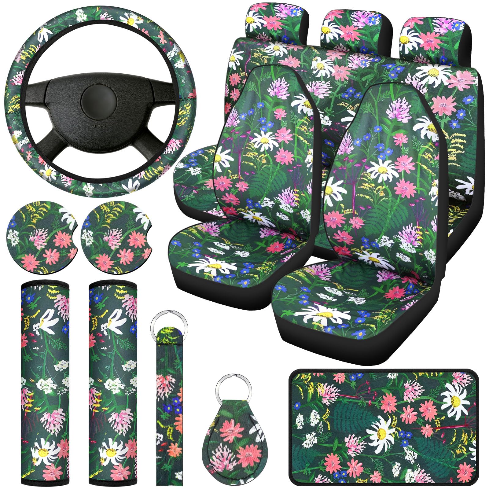 Frienda 13 Pcs Floral Print Car Seat Cover Full Set for Women Men Print Car Accessories Rubber Steering Wheel Armrest Pad Cover 