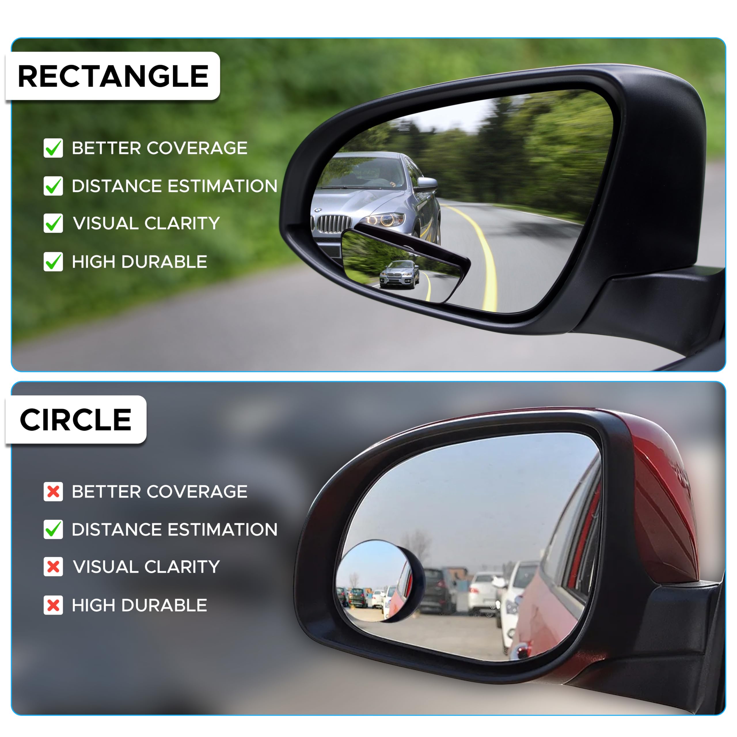 Econour Car Blind Spot Mirror (2 Pack) - 2'' Rectangle Hd Convex Rear View, Wide Angle Adjustable For Suvs & Trucks