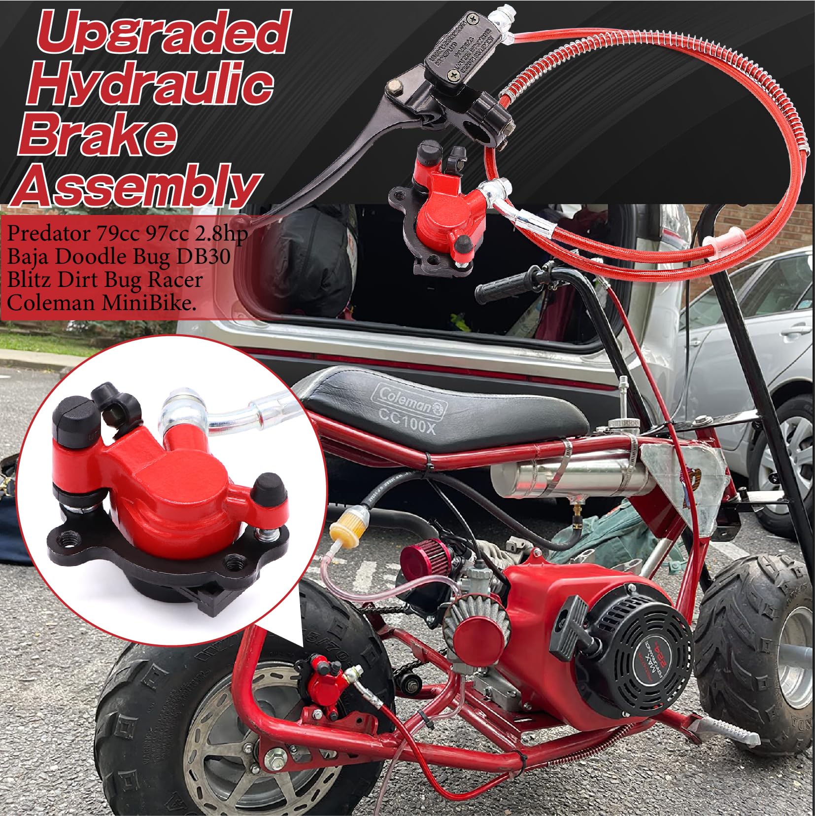 Upgraded Mini Bike Brake Kit Hydraulic Brake Assembly Of The Left 7/8' Handlebars For Predator 79Cc 97Cc 2.8Hp Baja Doodle Bug Db30 Blitz Dirt Bug Racer(Red)