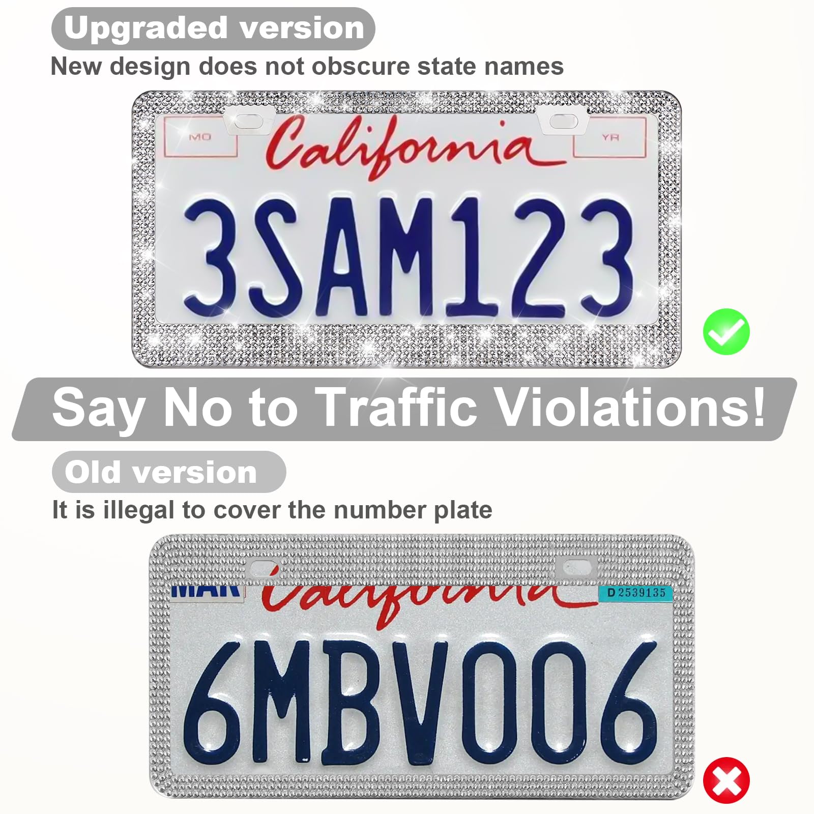 Quanqiufei 2 Pack Bling License Plate Frames For Women, Sparkly Rhinestone Diamond Car Accessories With Glitter Crystal Caps (Si