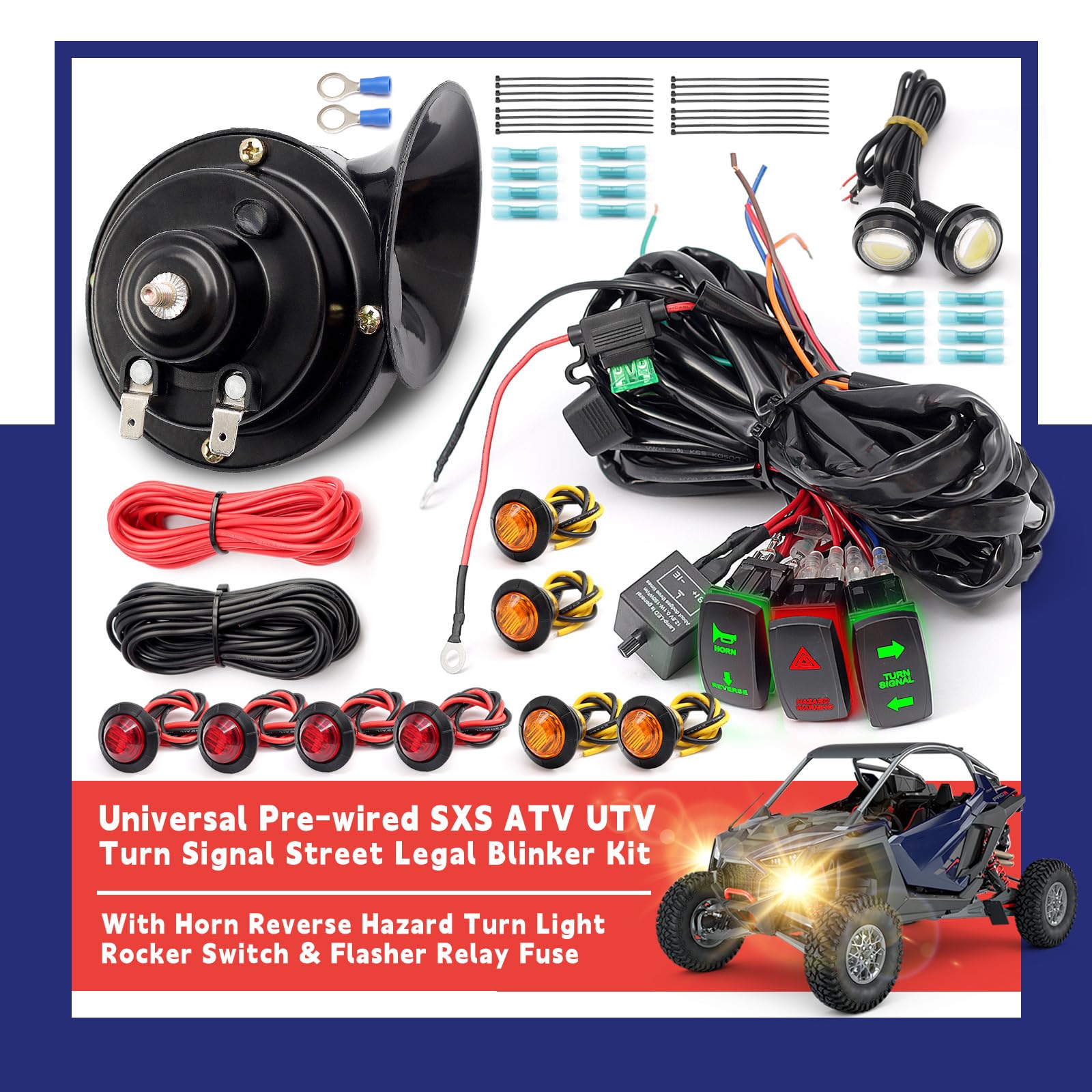 Pre-Wired ATV UTV Turn Signal Kit, Universal Dirt Bike Street Legal Kit with Horn Reverse Hazard Turn Light Rocker Switch & Flas