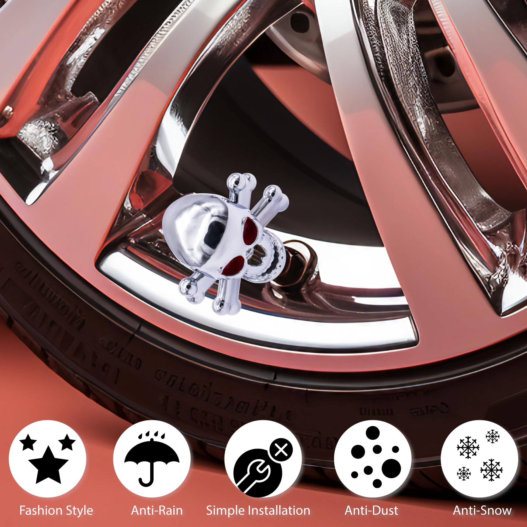 Meajoo 4Pcs Skull Style Tire Valve Stem Caps, With Rubber O-Ring, Universal Dustproof Tire Valve Stem Covers For Cars, Suv, Truc