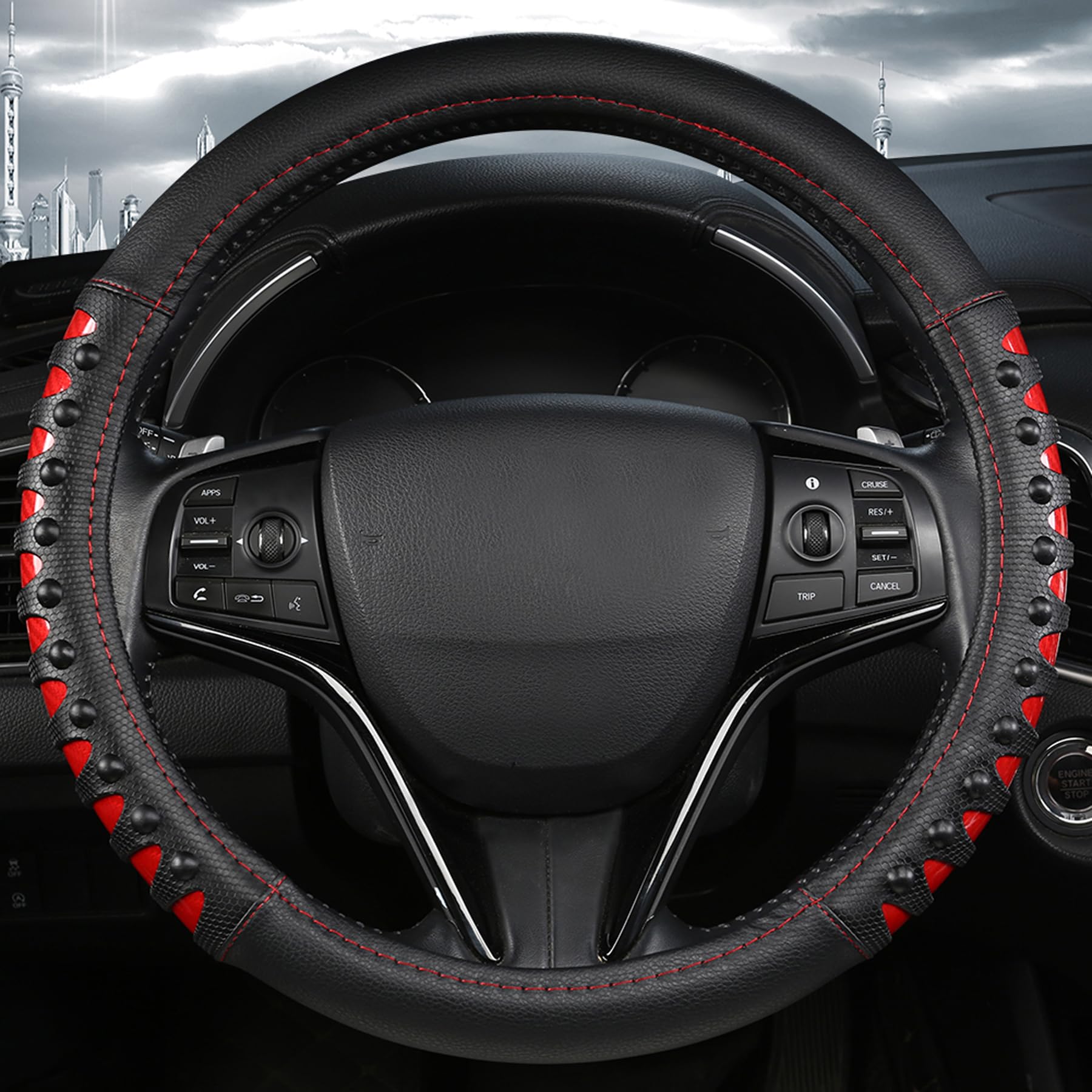 West Llama Microfiber Leather Car Steering Wheel Cover For Men Women,Universal Fit 15.5-16 Inchs(Leather Nails-Red+Black-Large S