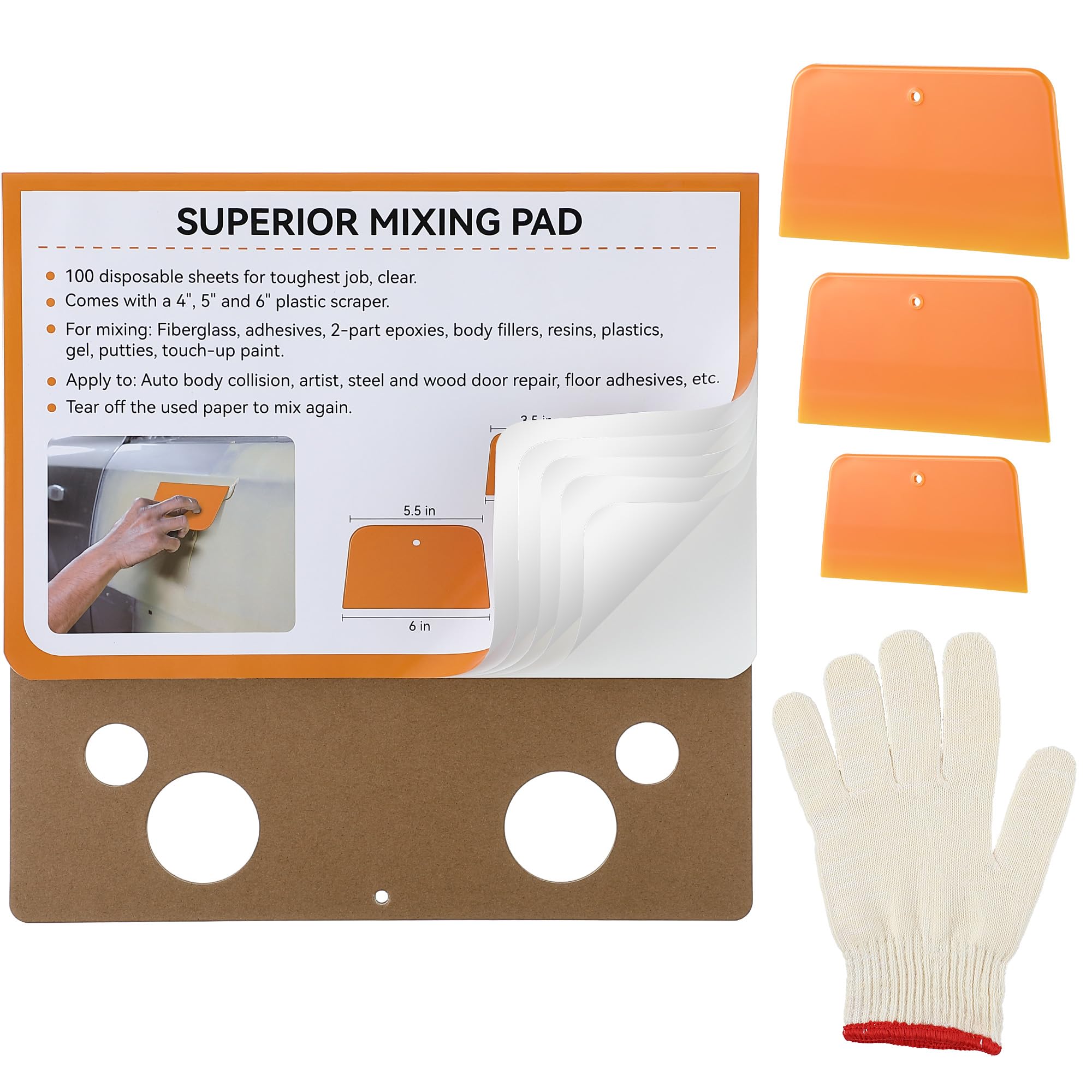 Saillong Body Filler Mixing Board Kit, 1 Body Filler Mixing Pad 12-12 in, 3 Yellow Plastic Scrapers (4-5-6 in), 100 Disposable P