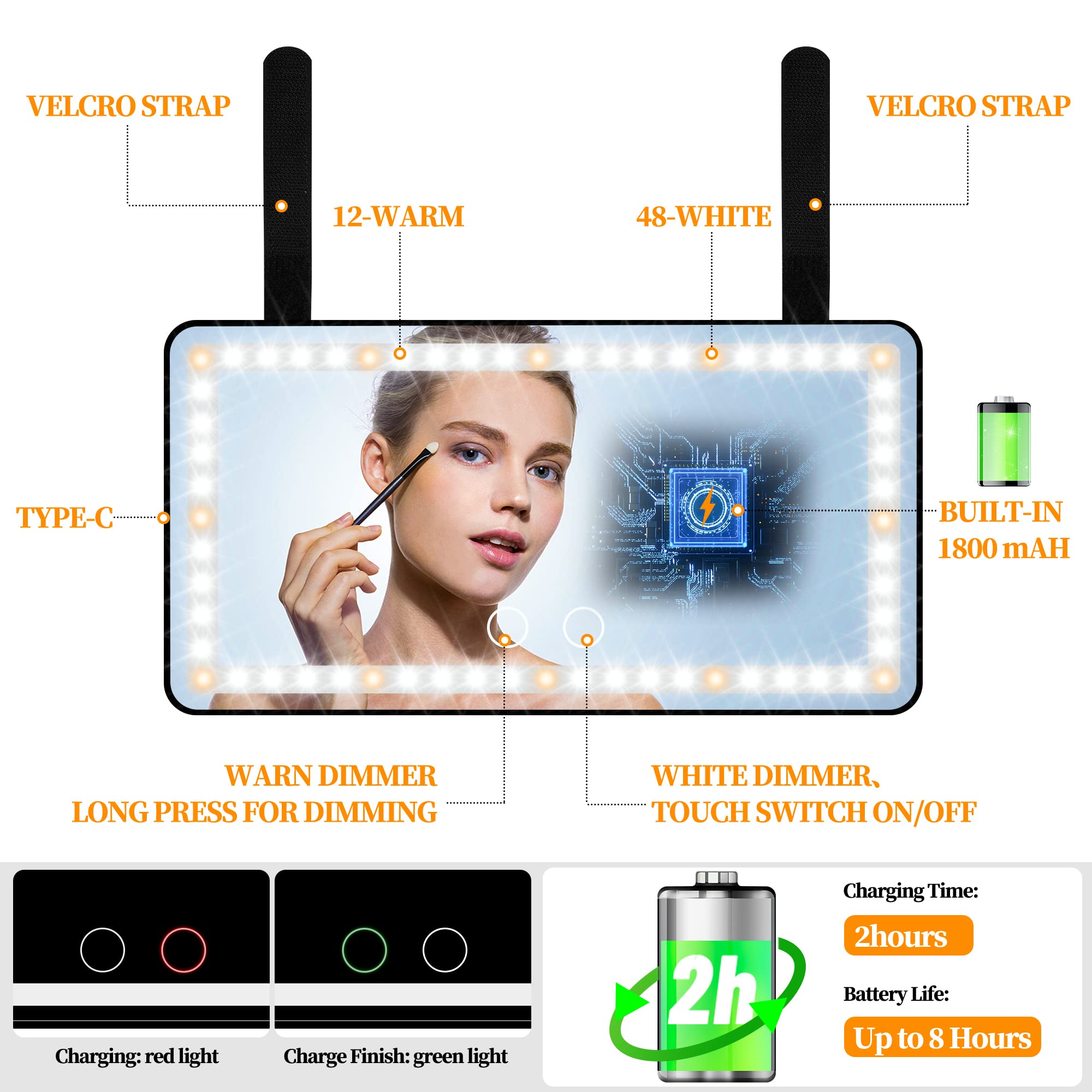 Car Sun Visor Vanity Mirror With Lights, 2 Pcs Rechargeable Car Makeup Mirror Accessories, Birthday Gifts For Women Girl, 3 Ligh