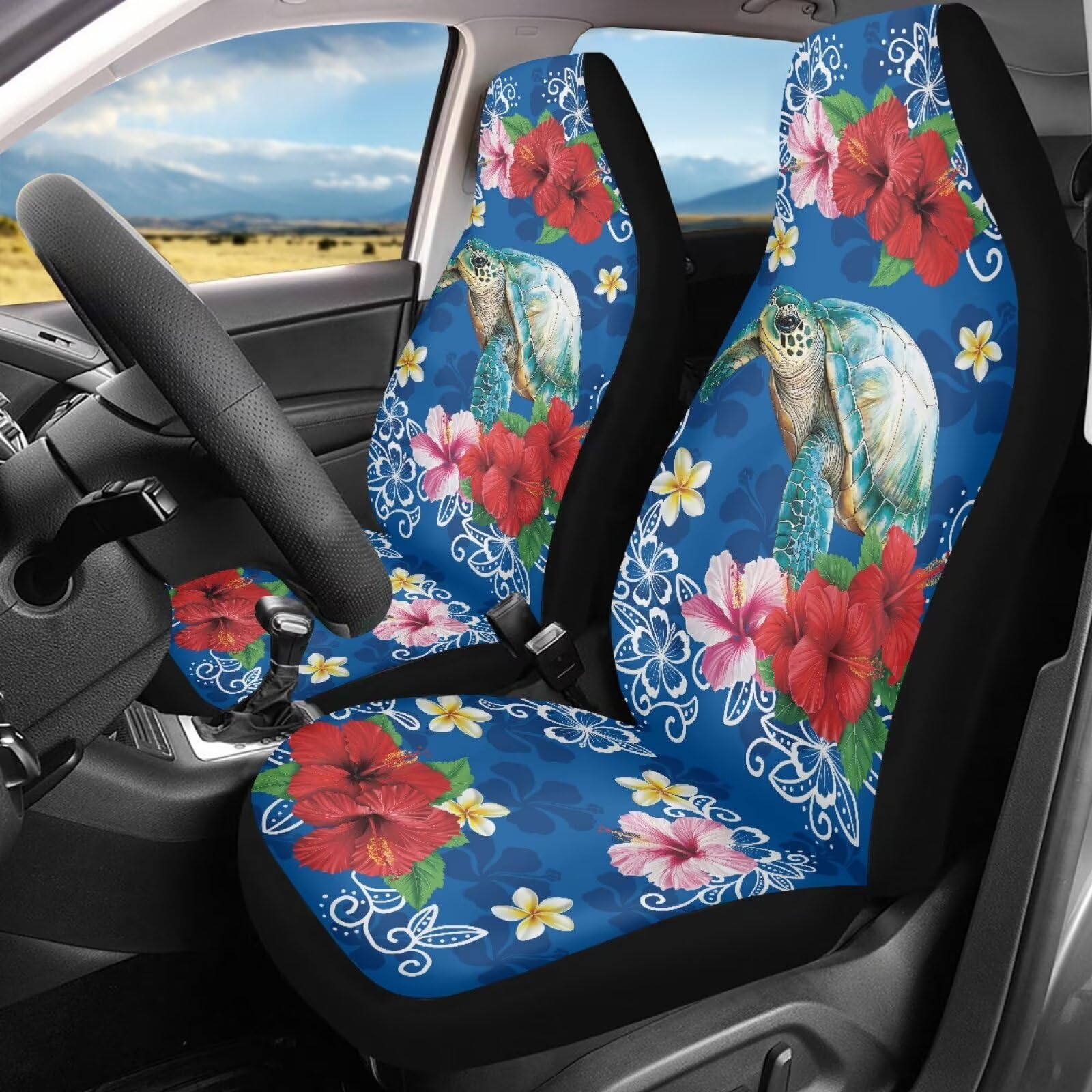 Bigcarjob Floral Turtle Car Seat Cover Full Set Universal Car Interior Accessories Set Car Front Seat Covers Auto Interior Seat