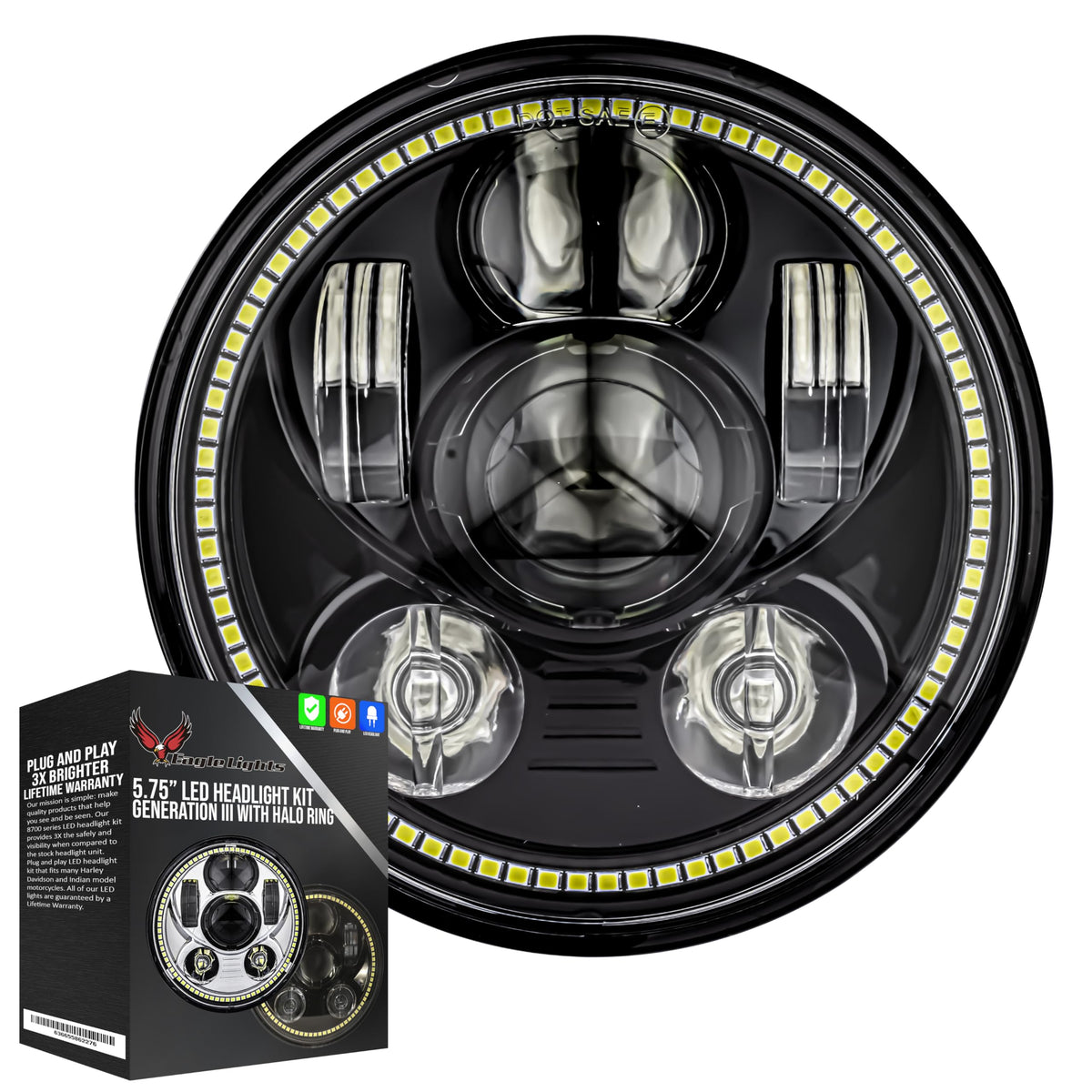 Eagle Lights 8900Bg3H-Scout Indian Scout Motorcycle Led Headlight With White Halo Ring, Fits 2015+ Scout 60, Scout And Scout Bobber, Black