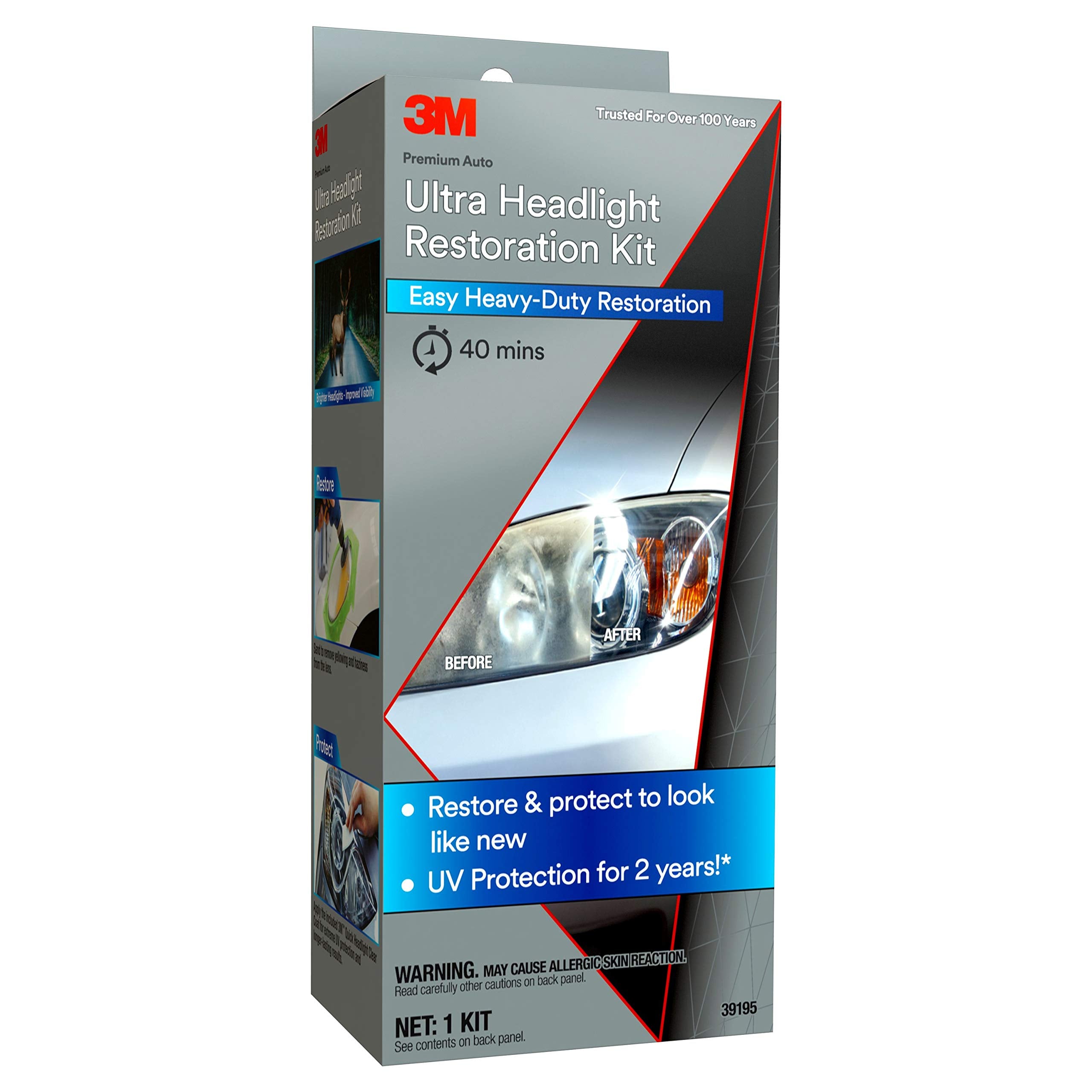 3M Ultra Headlight Restoration Kit, Contains Masking Tape, Light Sanding Discs, Wax Protectant And More, Use On Plastic Lenses H