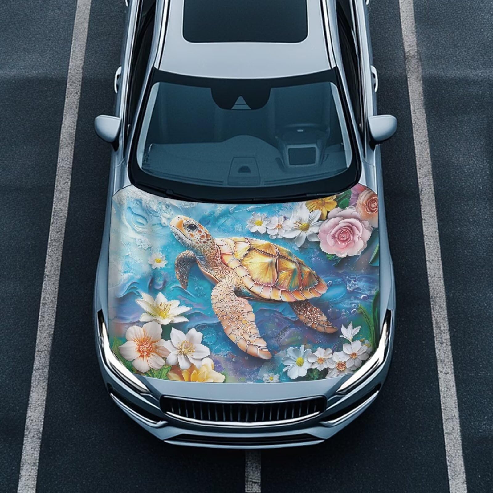 Qiyupavto 59  39 Inch Sea Turtle Print Car Hood Cover Protector for SUV Sedans Trucks, Elastic Polyester Waterproof Sun-Proof Au