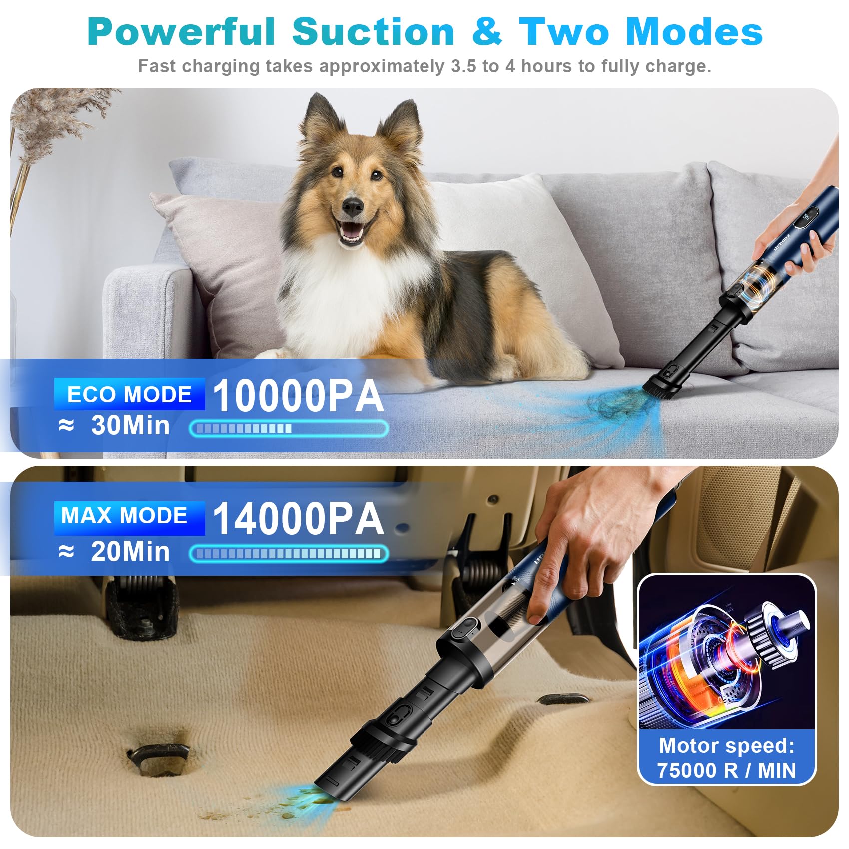 Car Vacuum, Portable Handheld Vacuum Cordless, 14000Pa Powerful Suction Vacuum Cleaner With Led Light And Air Duster 2 In 1,Low