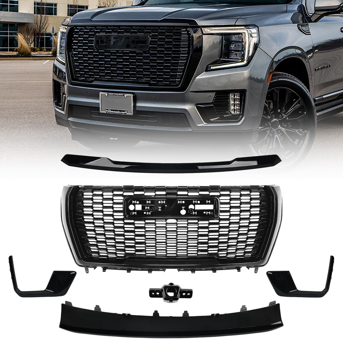 Vlincar Grille Set 6Pcs Compatible With Gmc Yukon/Yukon Xl Denali 2021 2022 2023 2024 Front Upper Grill + Lower Hood Trim Molding + Front Cover Plate + Fog Light Bezels + Camera Bracket Gloss Black
