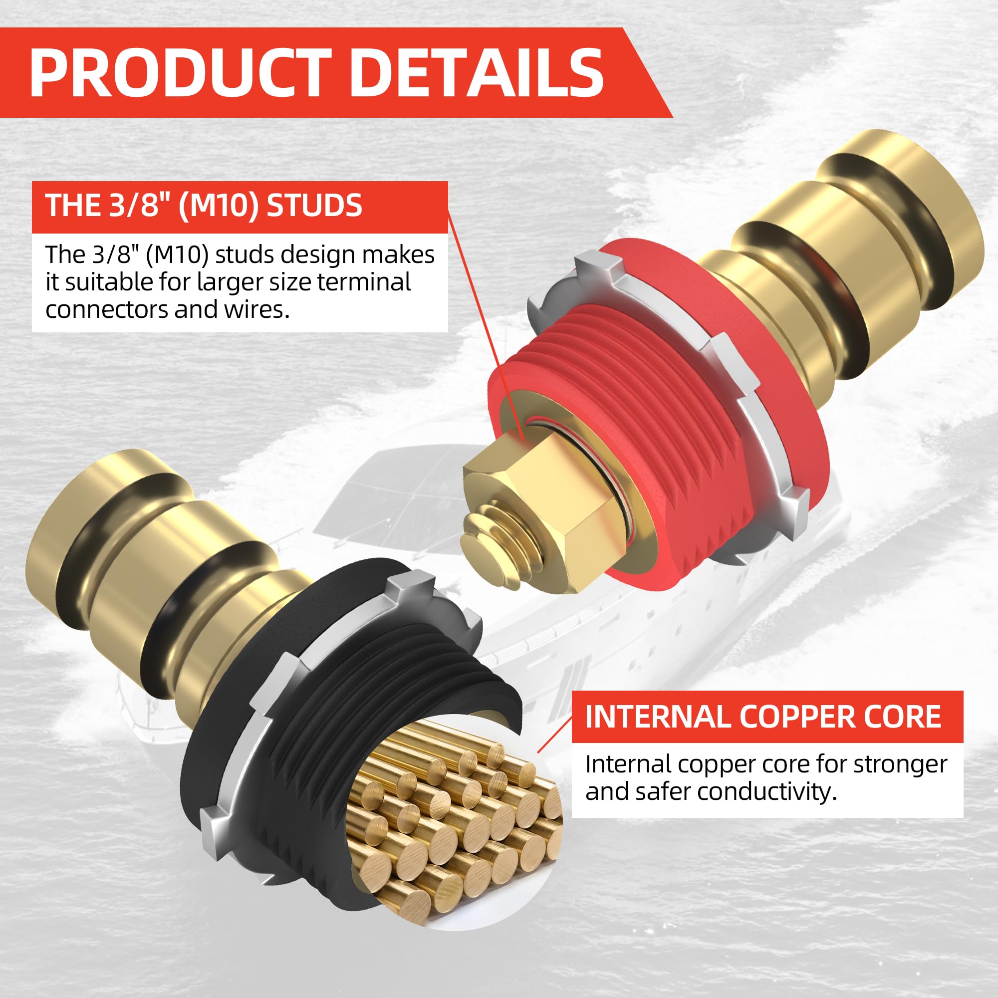Joinfworld Remote Battery Terminals 3/8'' Stud Battery Jump Post with Cover 250A Battery Charging Post Kit Marine Battery Charge