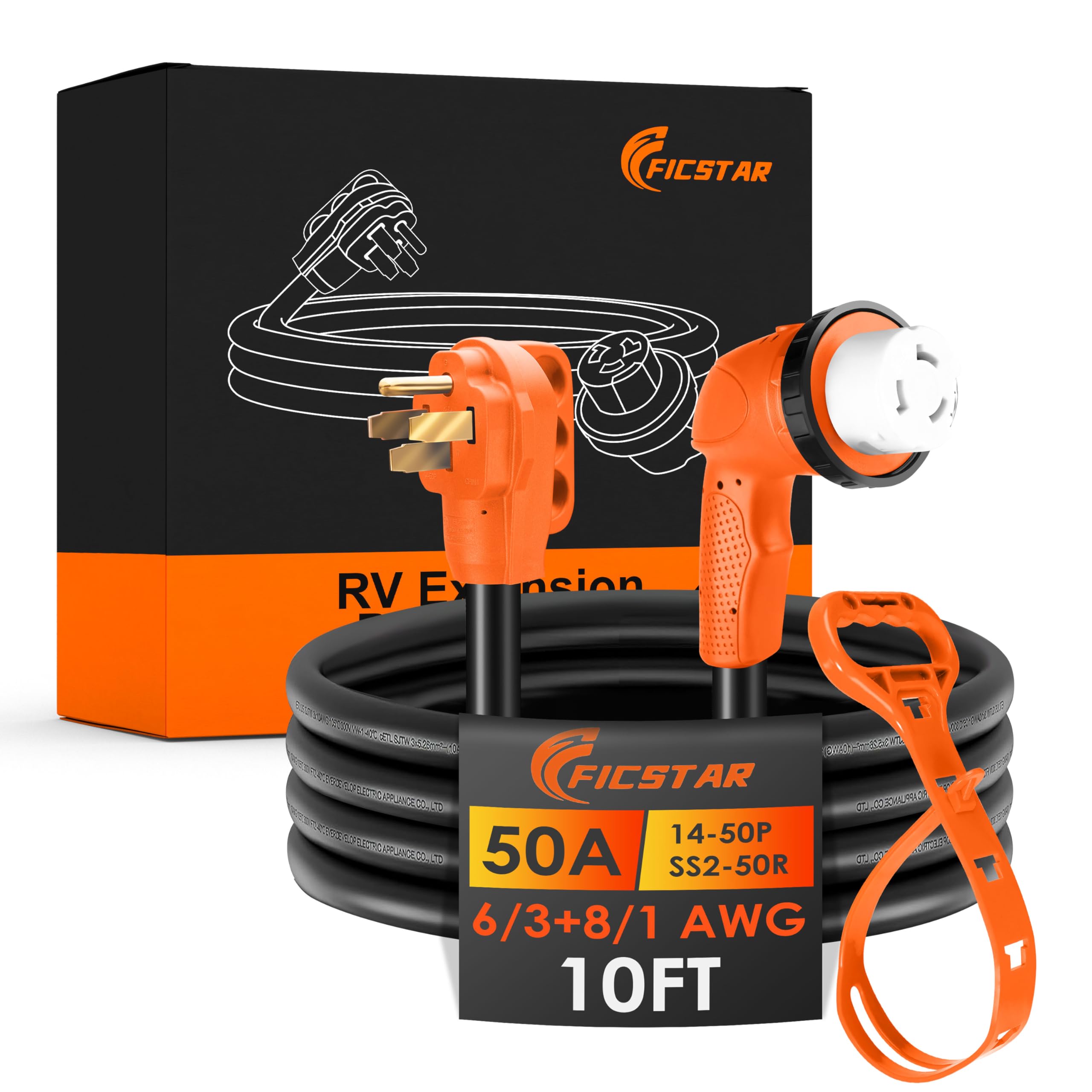 50 Amp RV Extension Cord 75 ft, Heavy Duty 6/3+8/1 SJTW AWG RV Power Cord with Grip Handle Twist Lock, NEMA 14-50P to SS2-50R wi